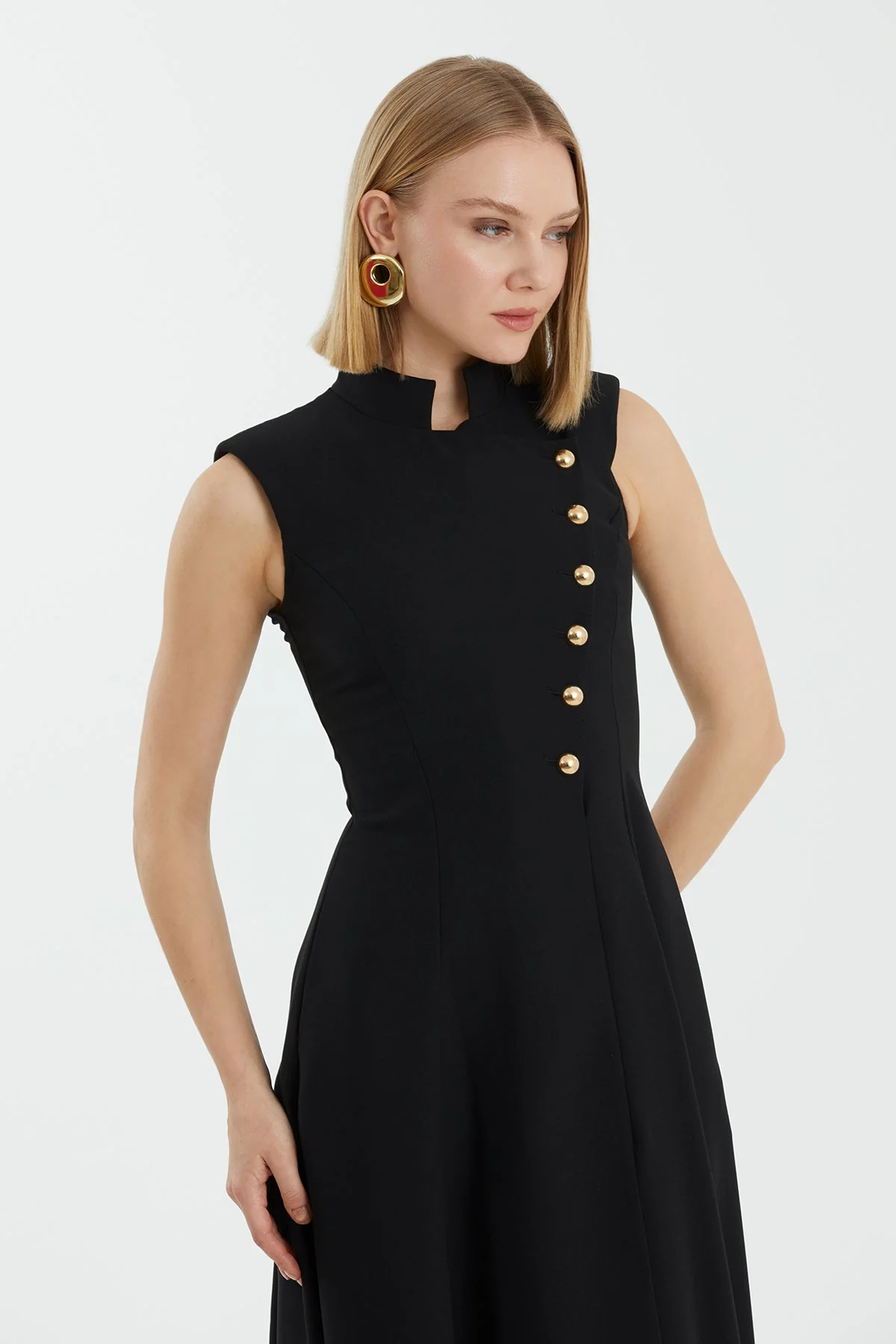 Black Asymmetric Buttoned Pleated Midi Dress - Image 3