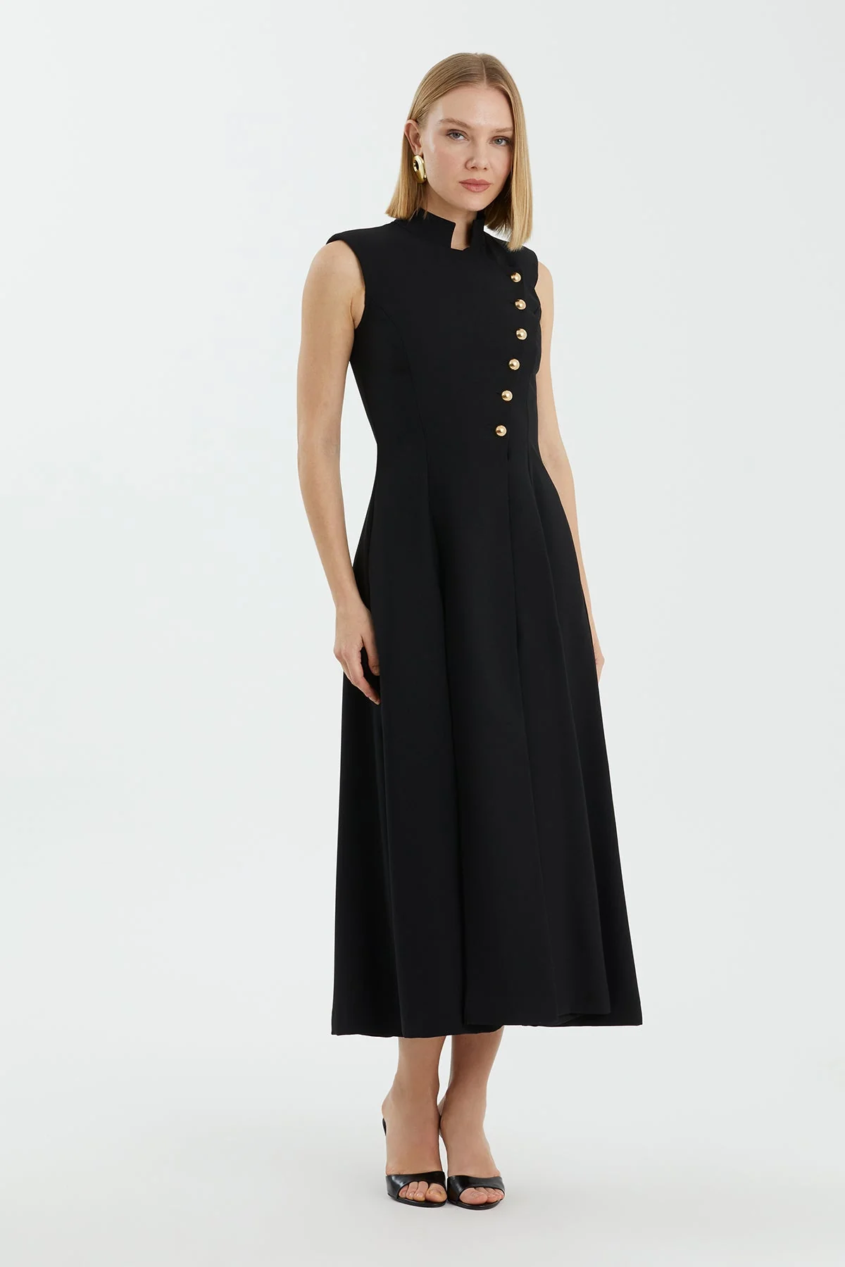 Black Asymmetric Buttoned Pleated Midi Dress - Image 4