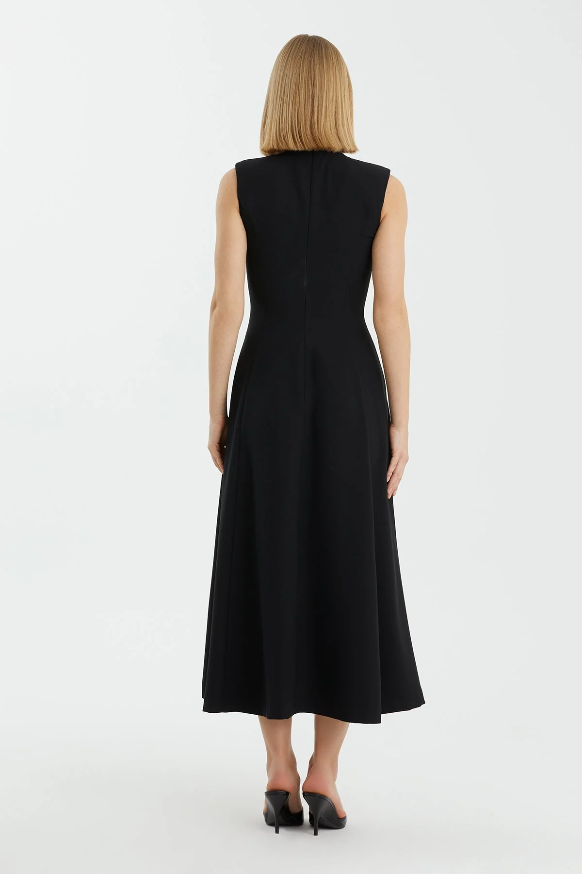 Black Asymmetric Buttoned Pleated Midi Dress - Image 5