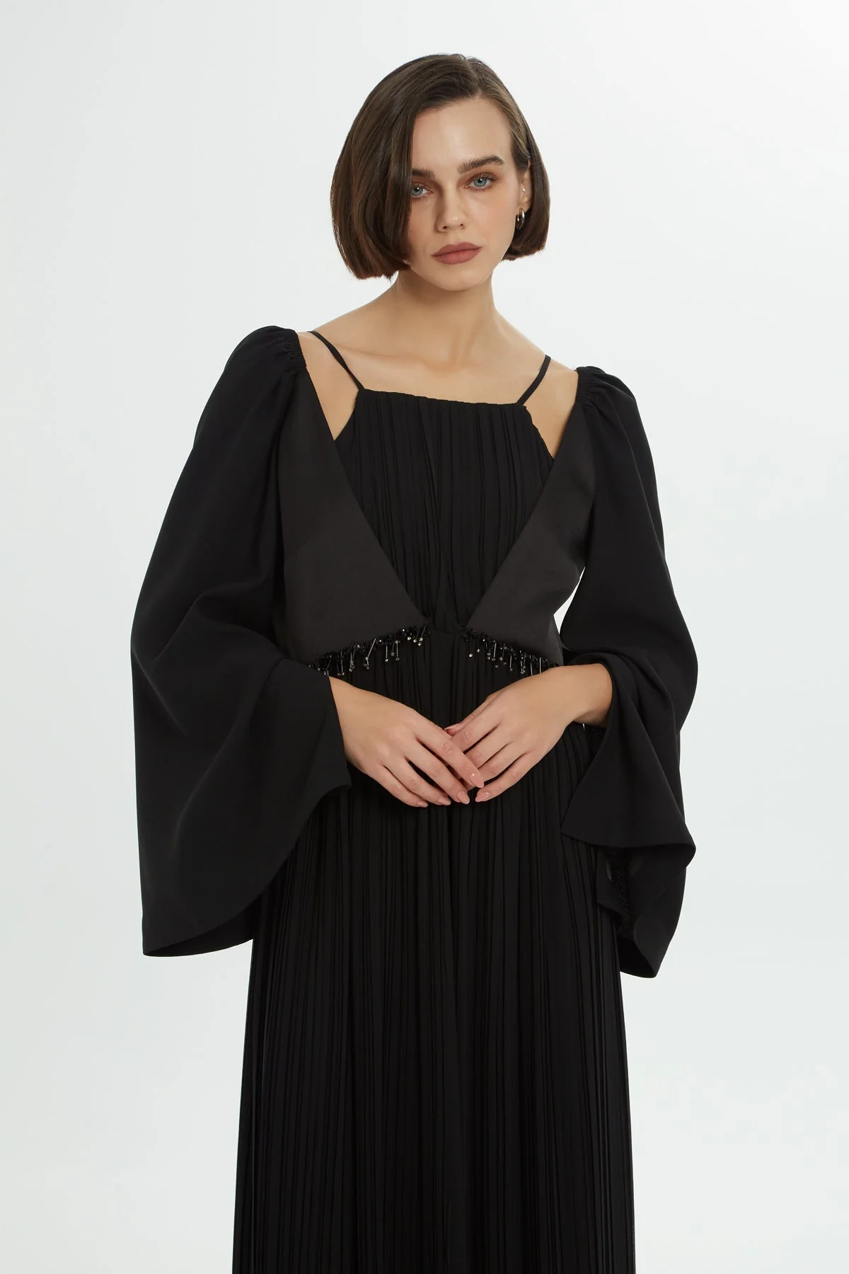 Black Beaded Pleated Long Dress - Image 3