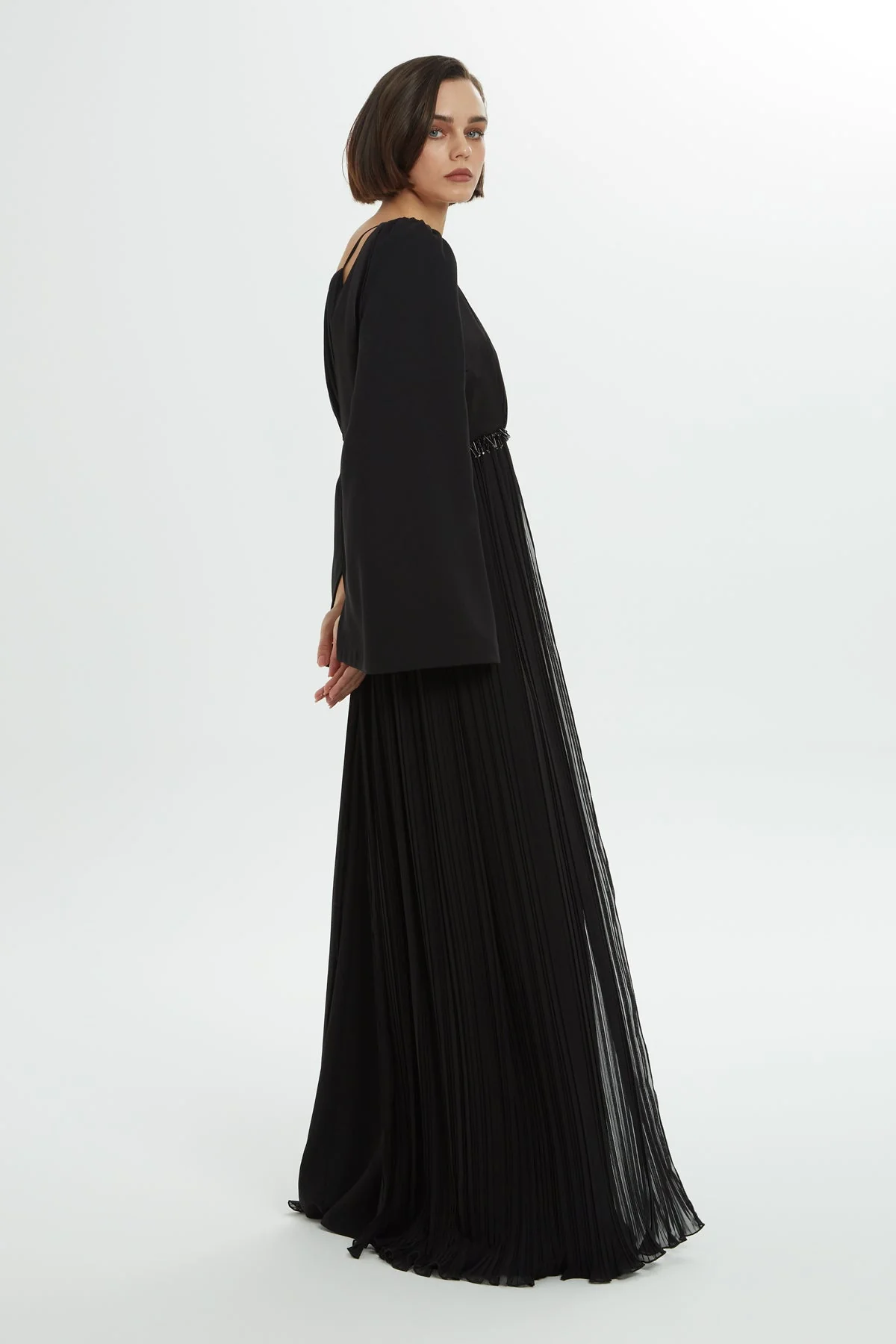 Black Beaded Pleated Long Dress - Image 4