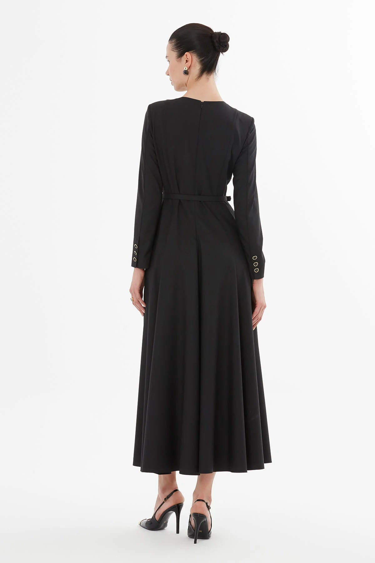 Black Belted Pleated Midi Dress - Image 4