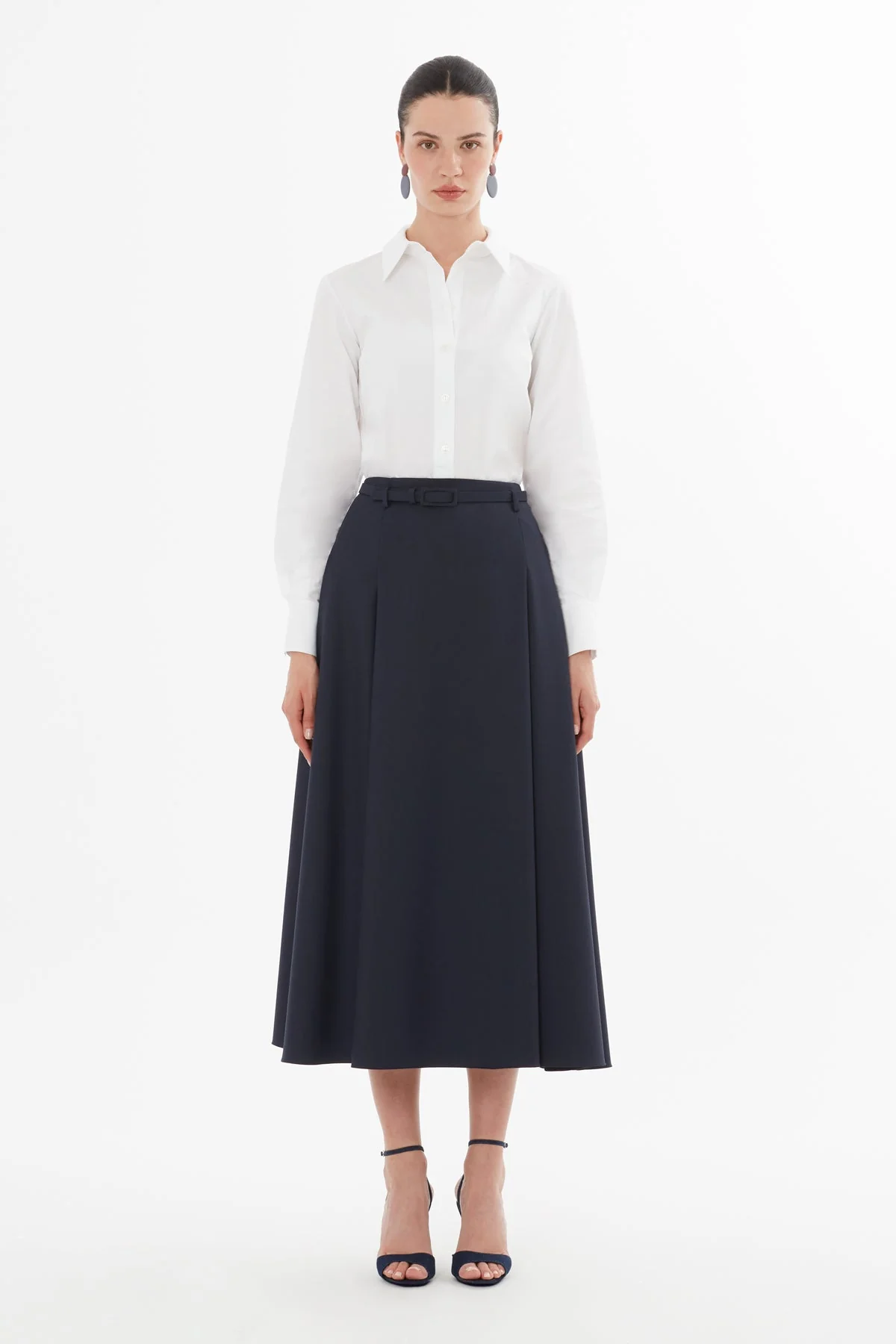 Black Belted Pleated Midi Skirt
