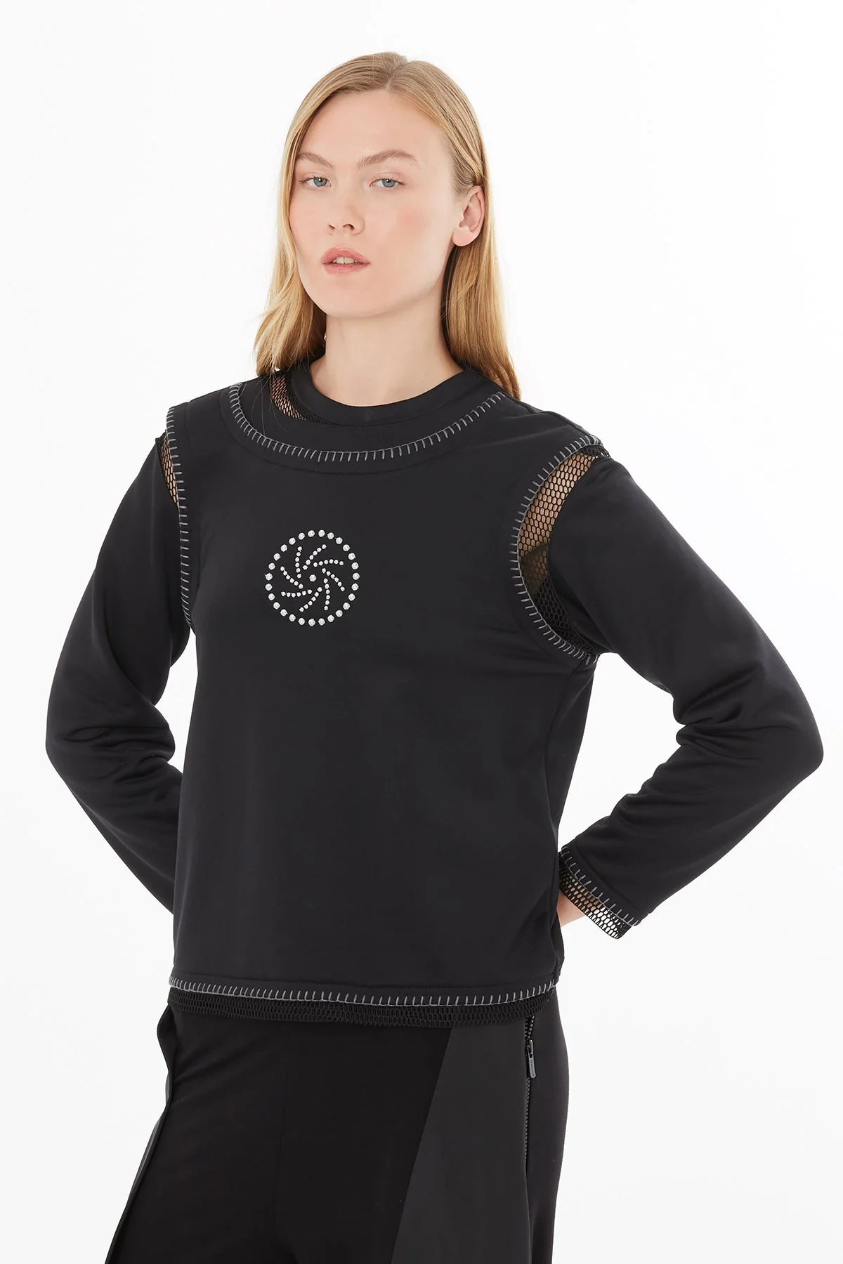 Black Blouse with Sheer Stitching Details - Image 3