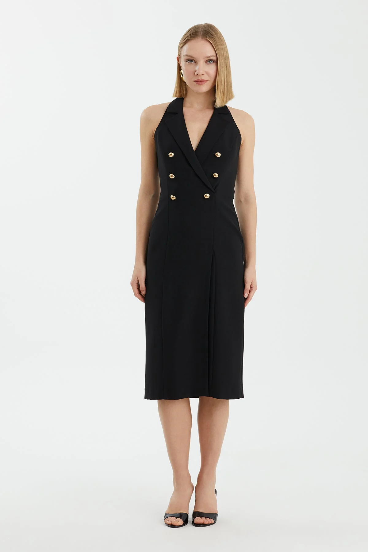 Black Deep V-Neck Buttoned Mini Dress