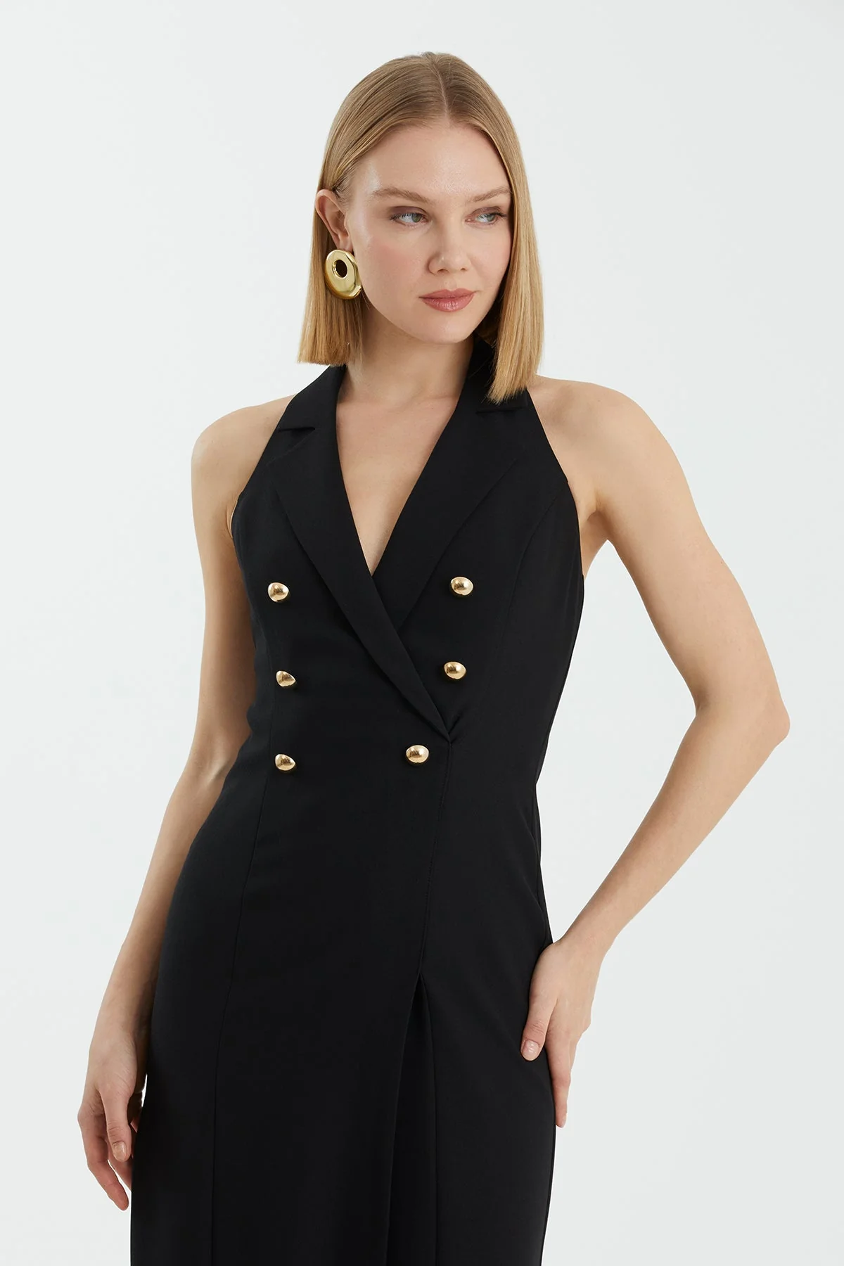 Black Deep V-Neck Buttoned Mini Dress - Image 2
