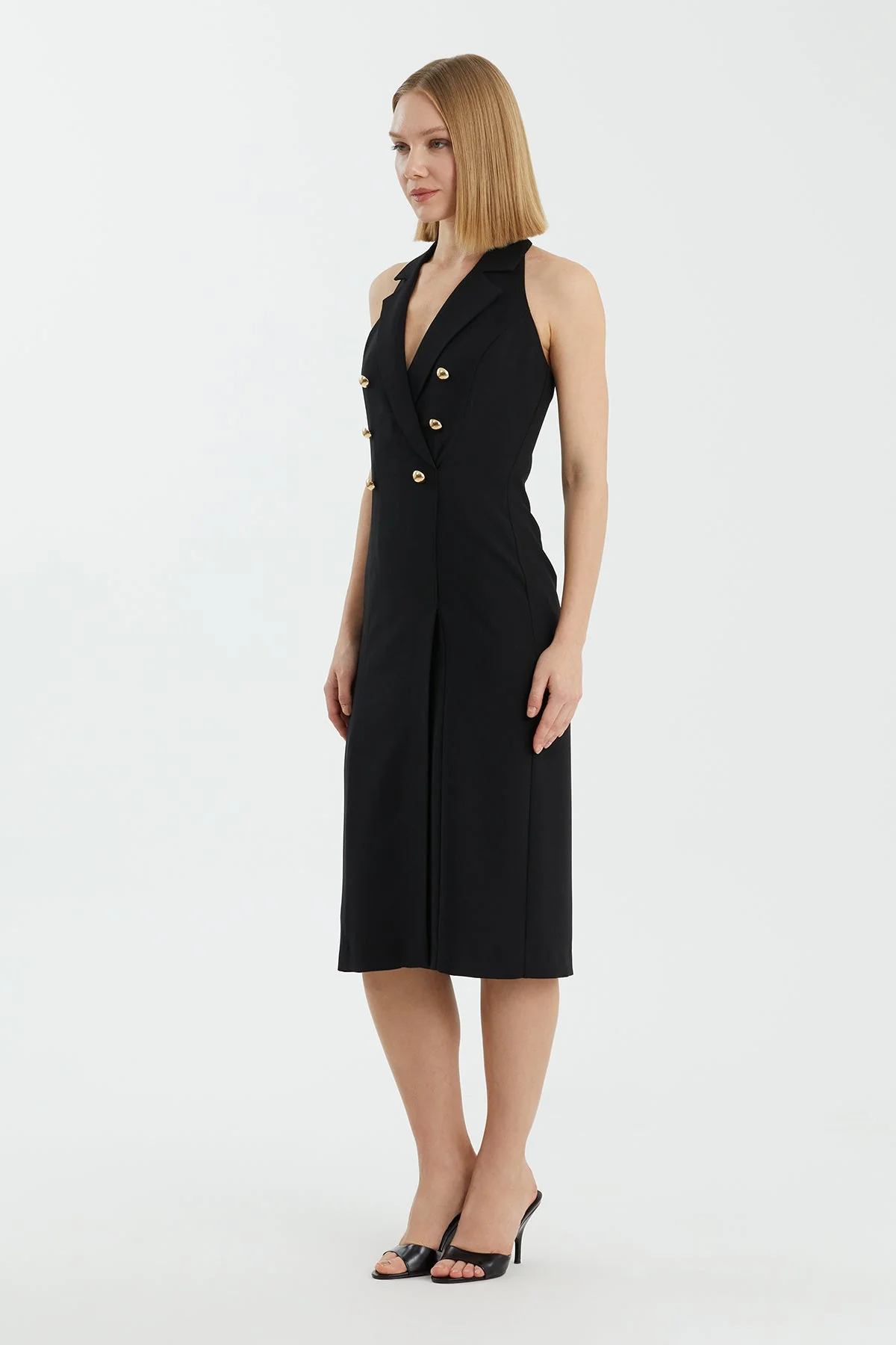 Black Deep V-Neck Buttoned Mini Dress - Image 3