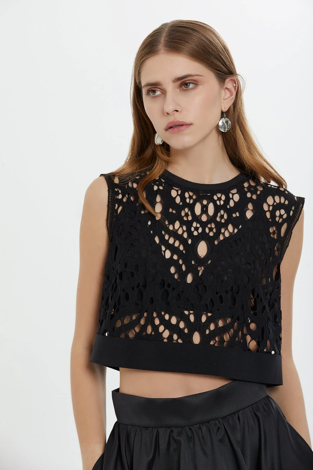 Black Elastic-Hem Lace Blouse with Bustier