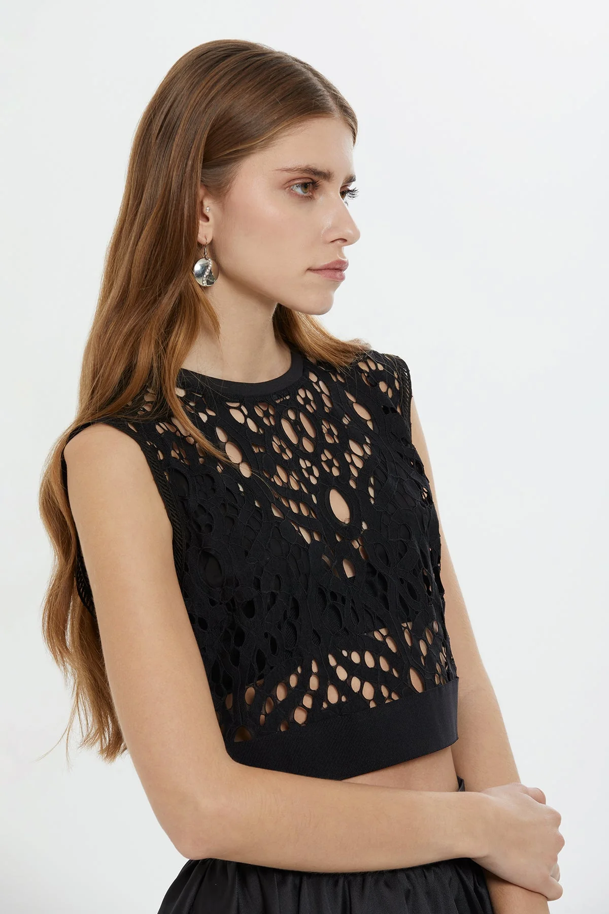 Black Elastic-Hem Lace Blouse with Bustier - Image 2