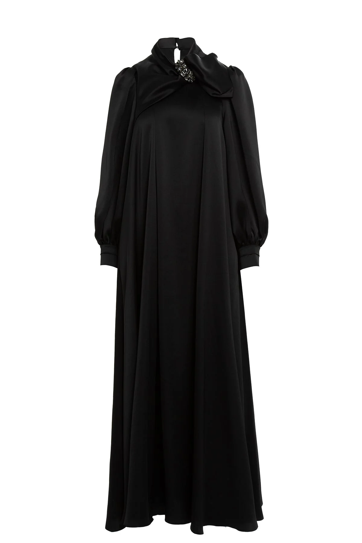 Black Embroidered-Collar Bow-Detail Maxi Dress