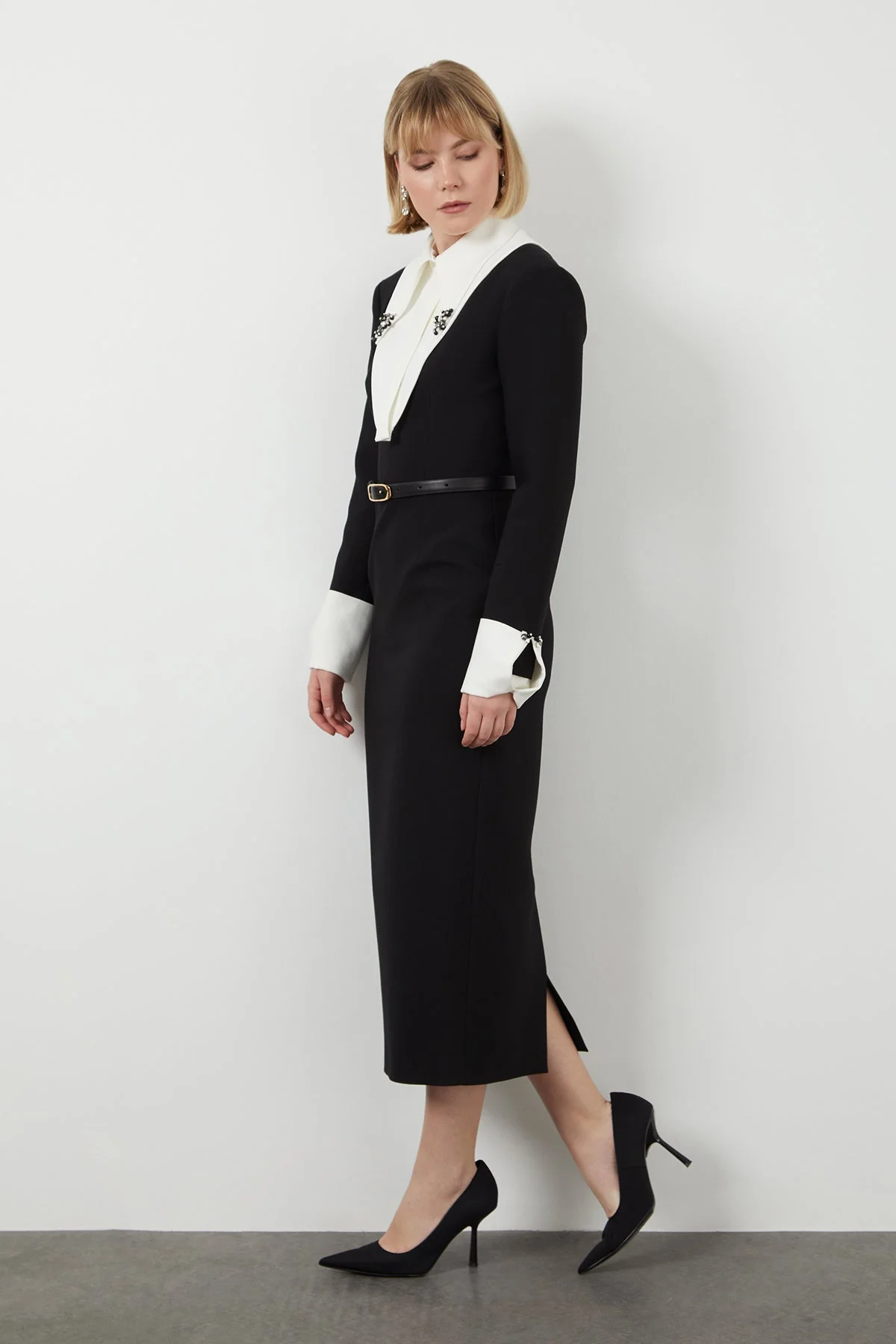 Black Embroidered-Collar Midi Dress - Image 2