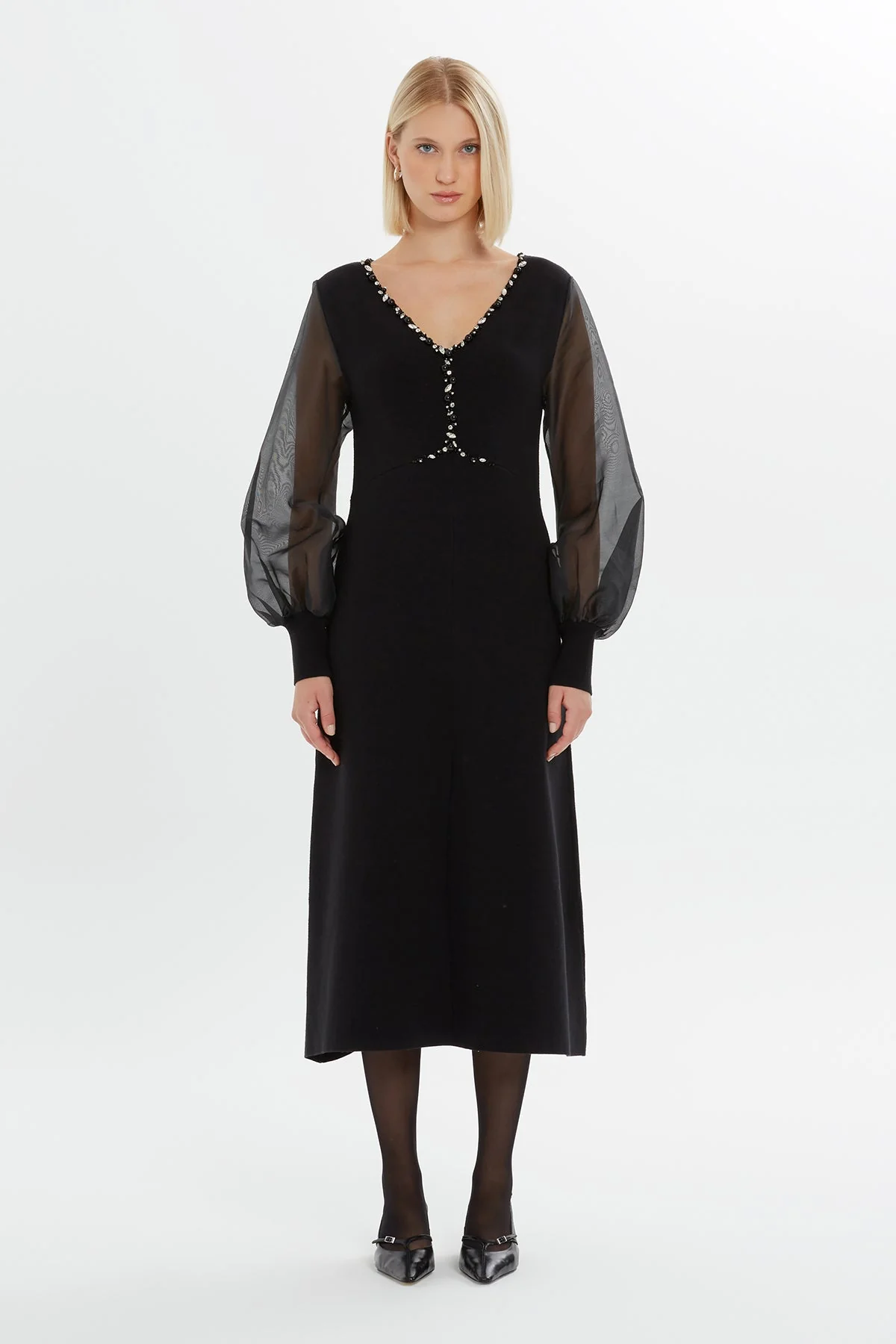 Black Embroidered-Collar Slit Midi Dress