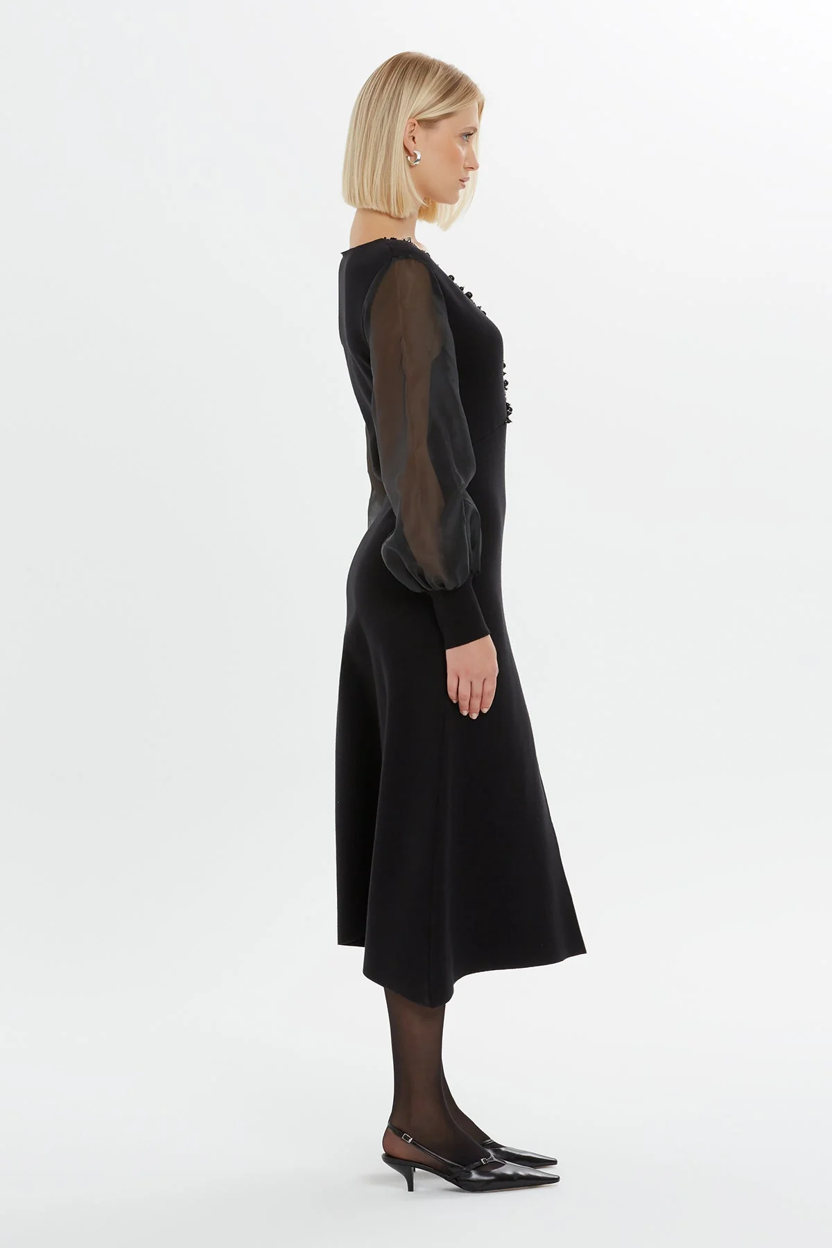 Black Embroidered-Collar Slit Midi Dress - Image 2