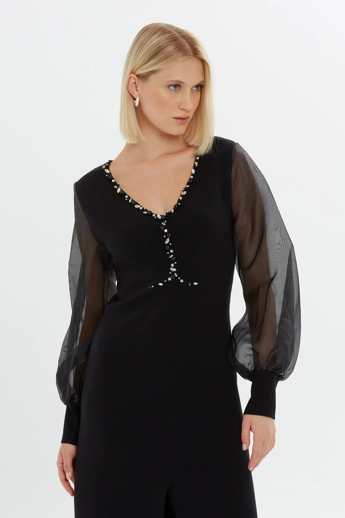 Black Embroidered-Collar Slit Midi Dress - Image 5
