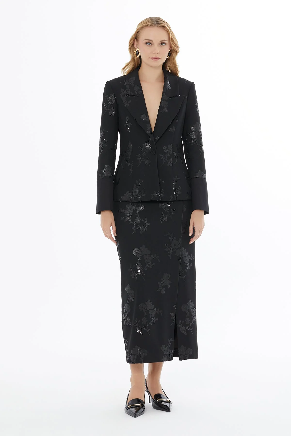 Black Embroidered Jacket with Button Closure