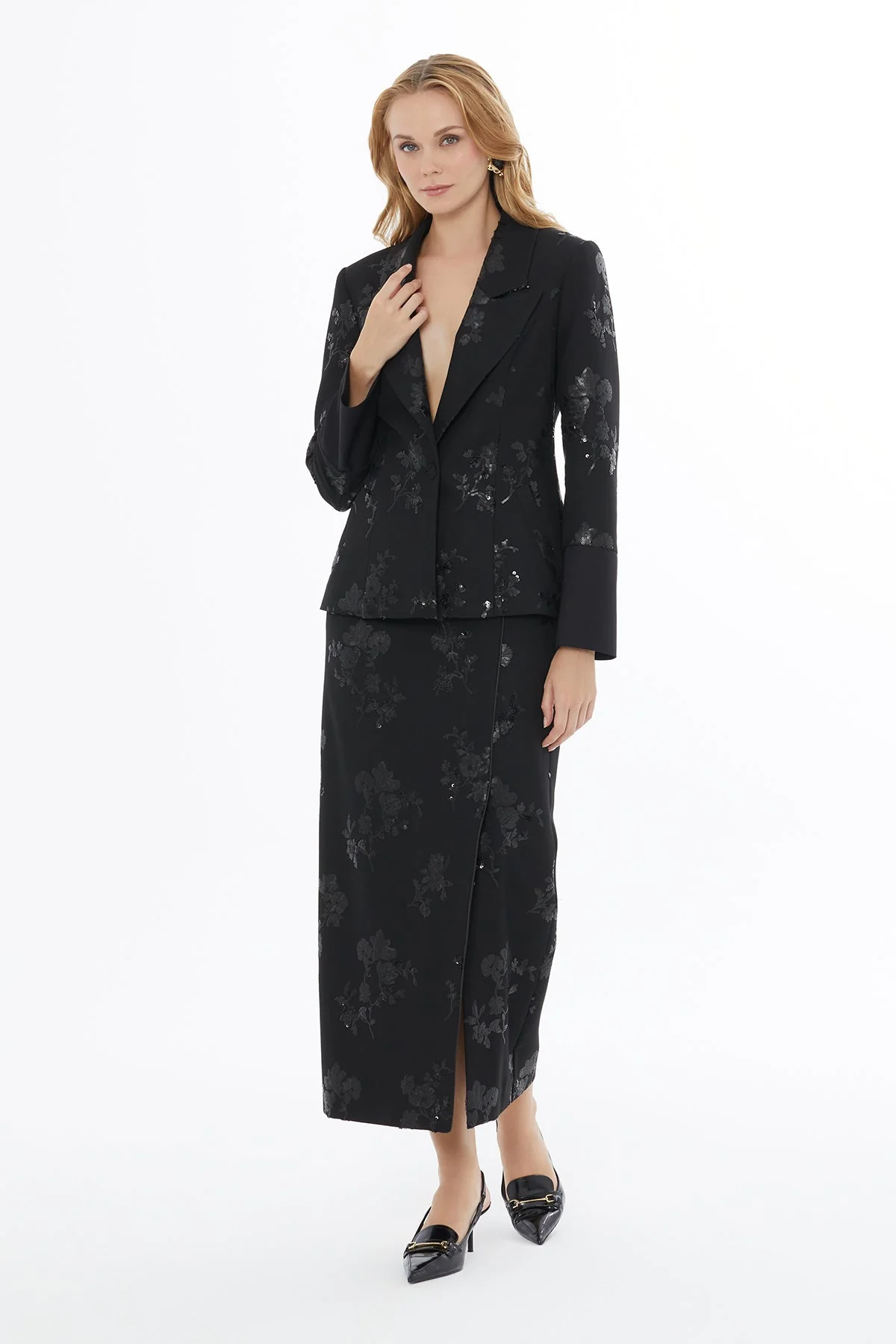 Black Embroidered Jacket with Button Closure - Image 3