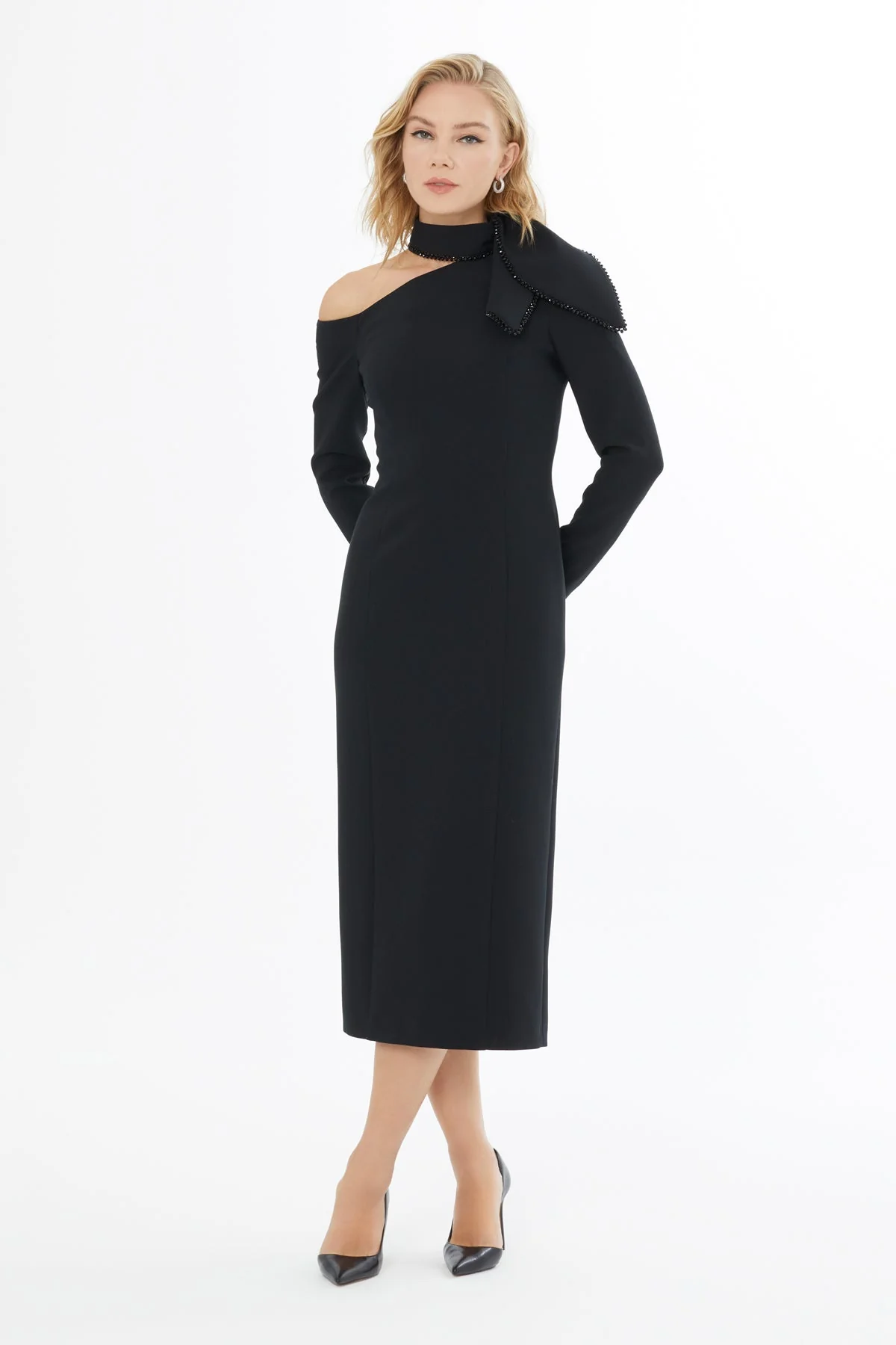 Black Embroidered Midi Dress