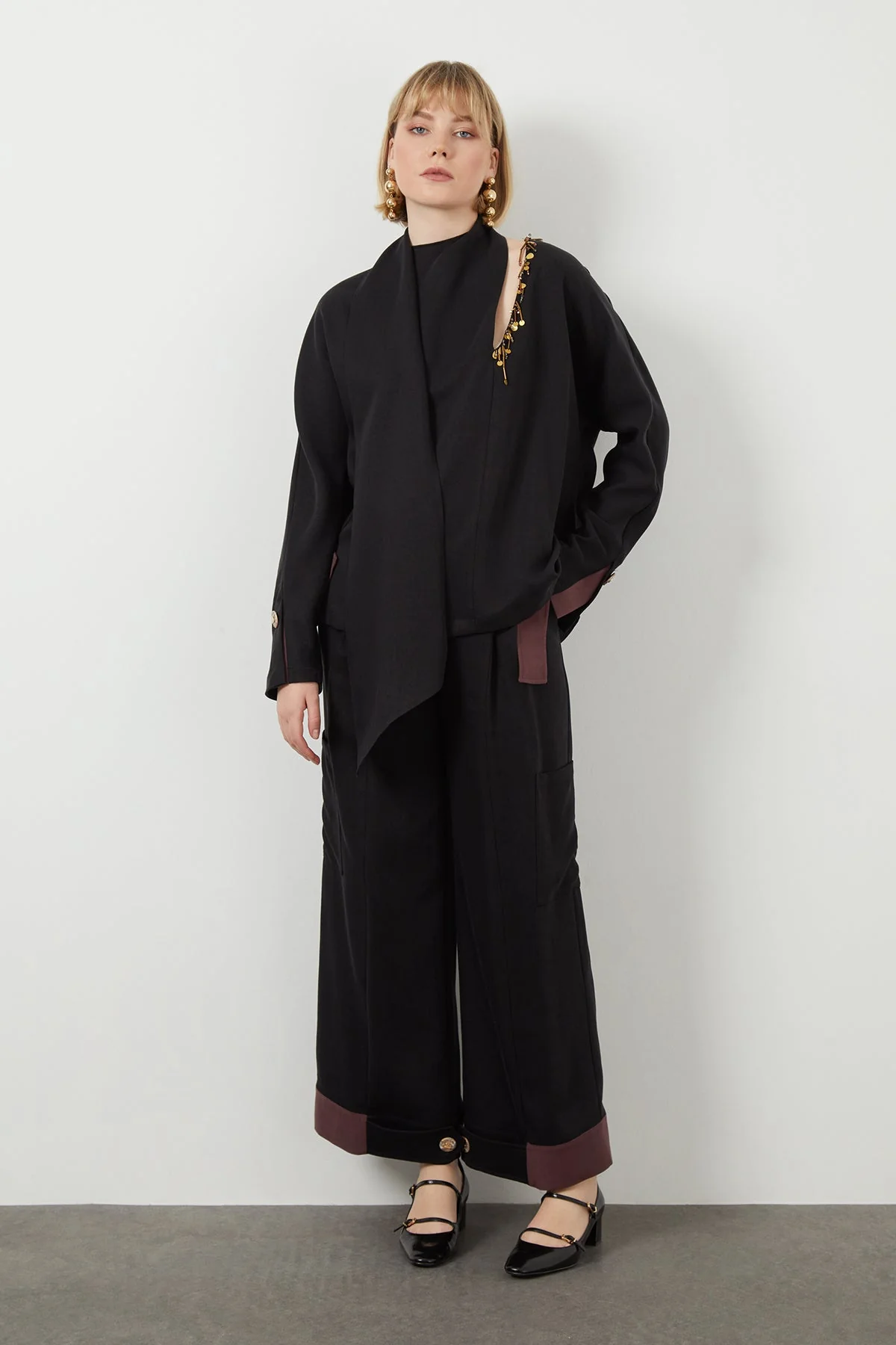 Black Embroidered Tie-Neck Unlined Blouse - Image 2