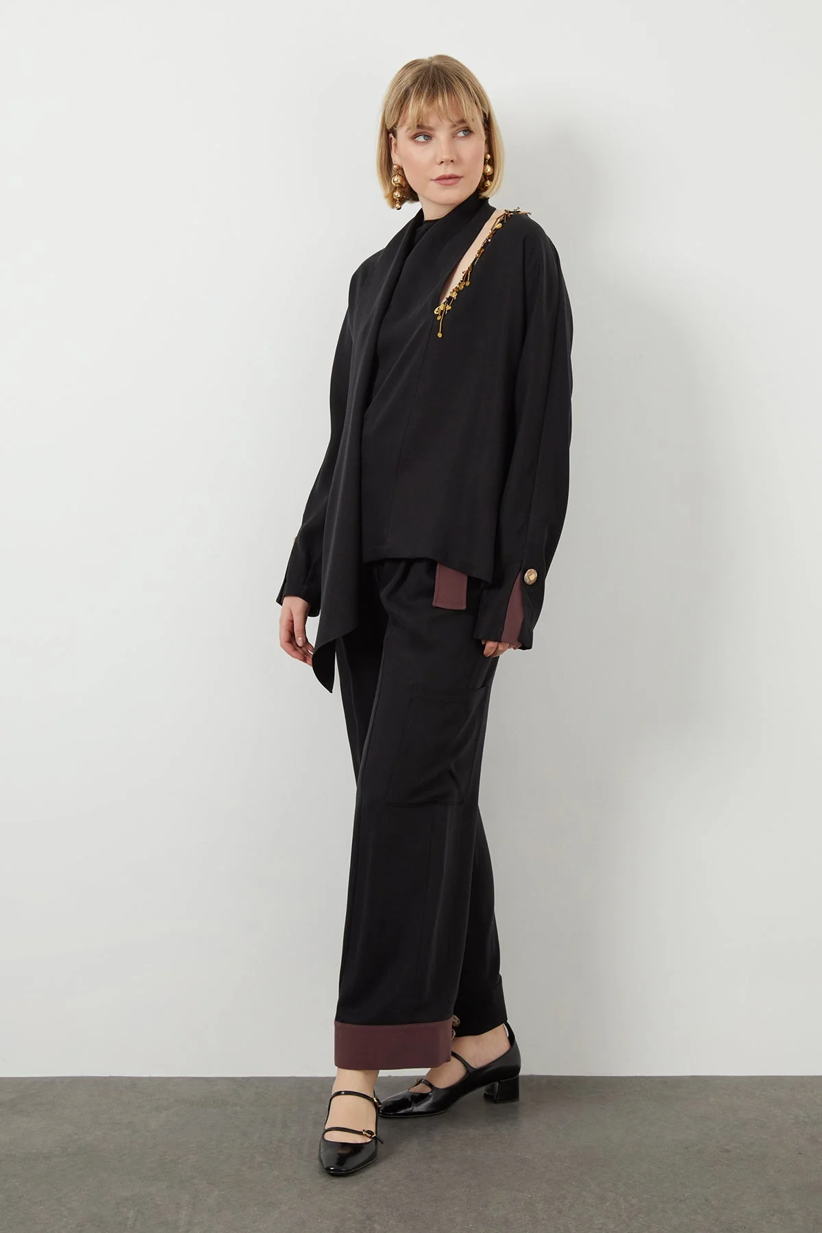 Black Embroidered Tie-Neck Unlined Blouse - Image 3