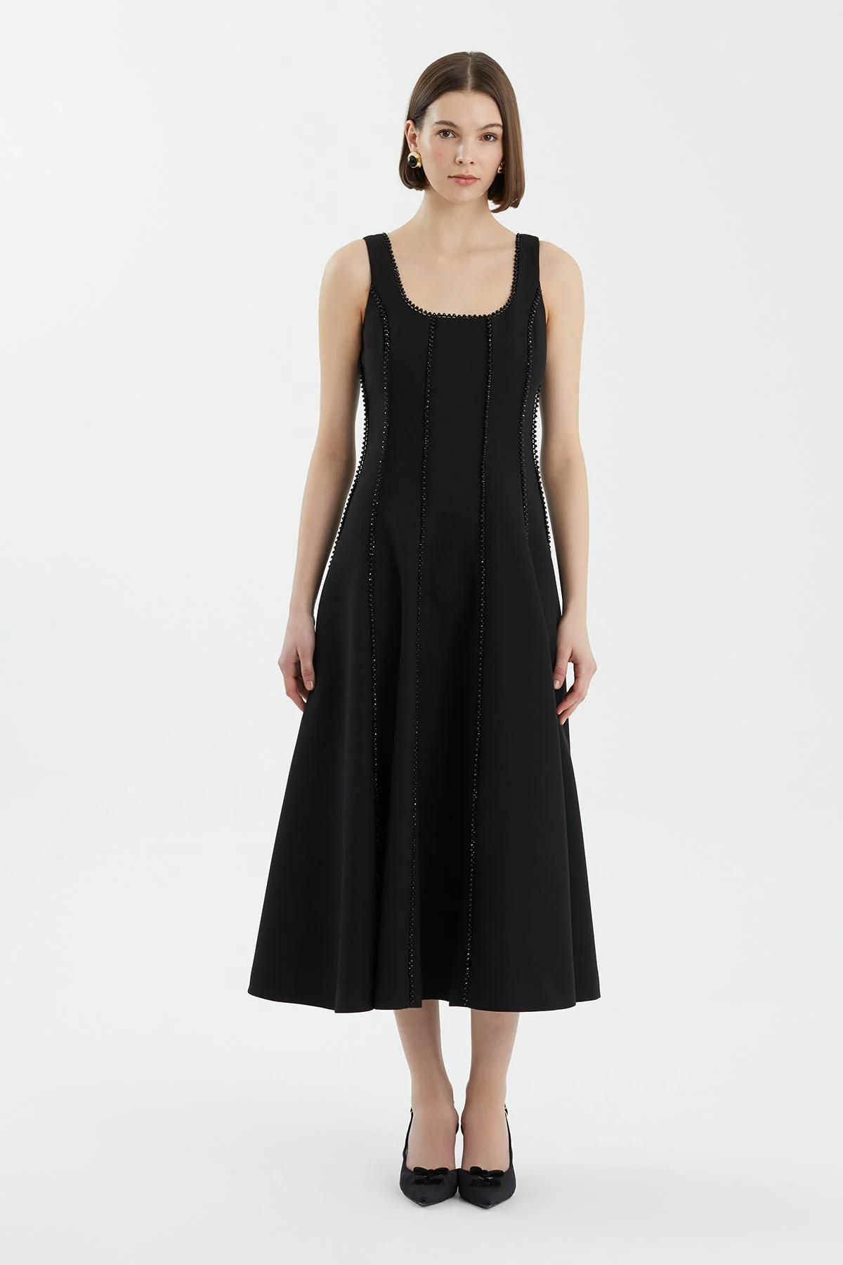 Black Embroidered Trim Flared Dress
