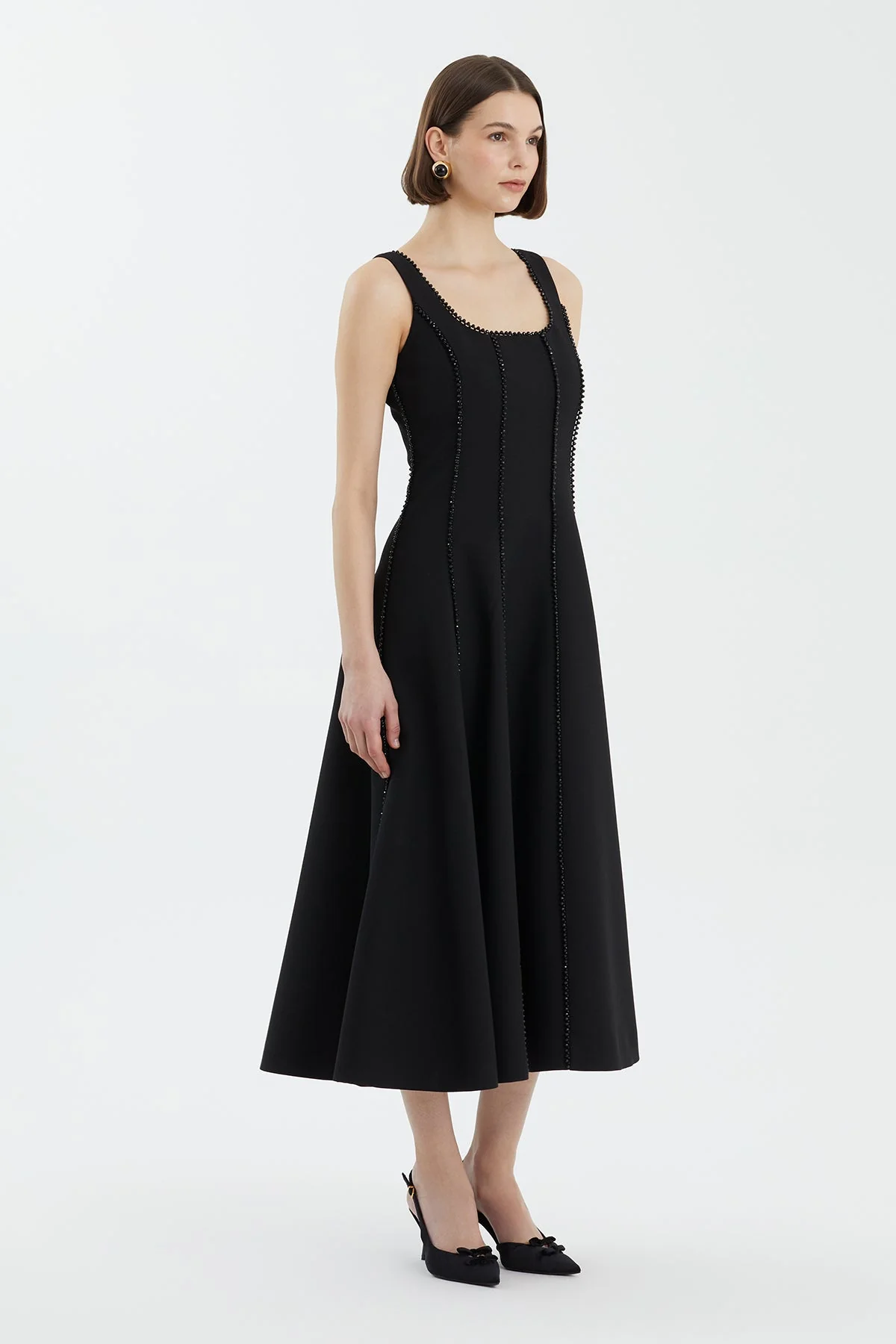 Black Embroidered Trim Flared Dress - Image 2