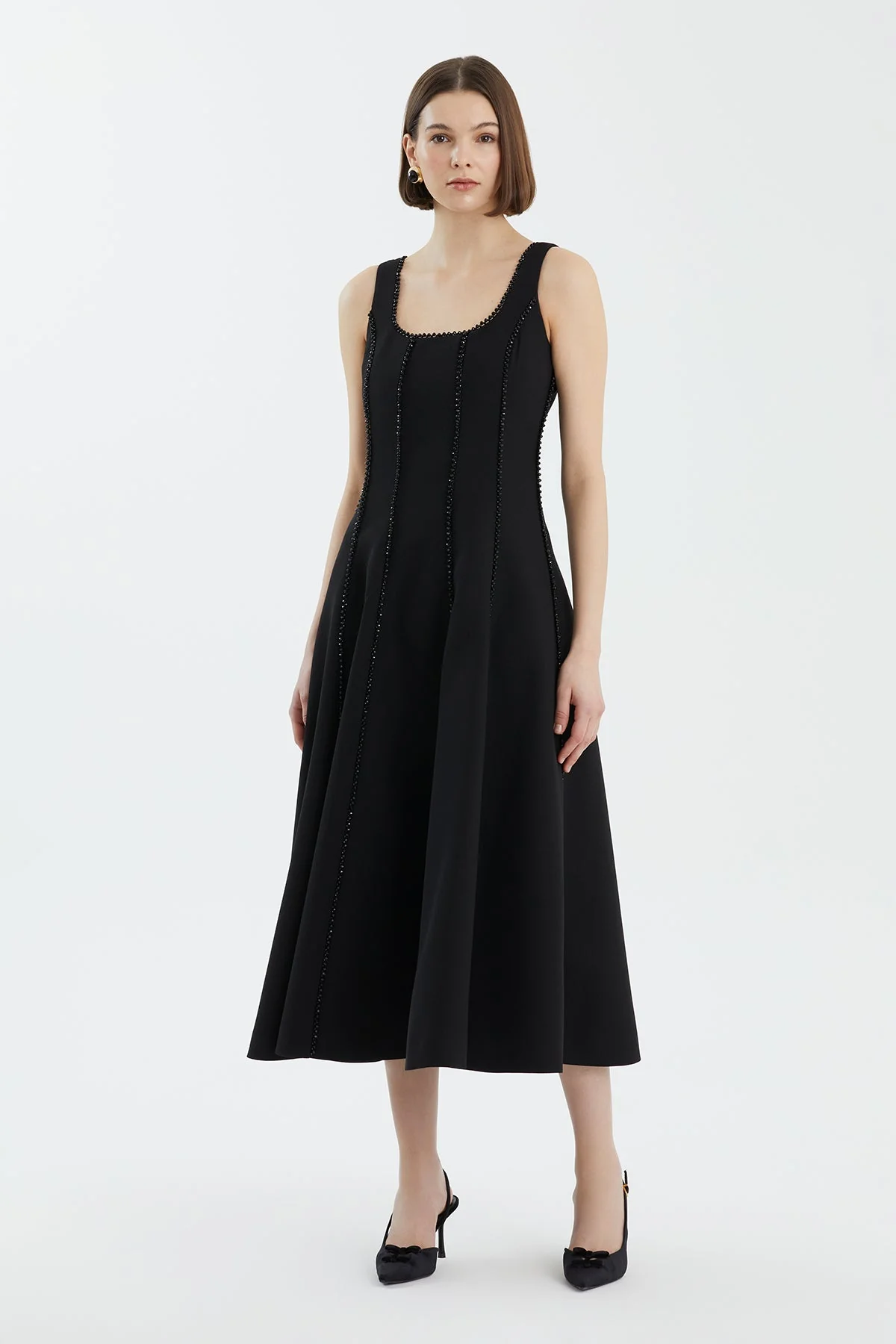 Black Embroidered Trim Flared Dress - Image 3