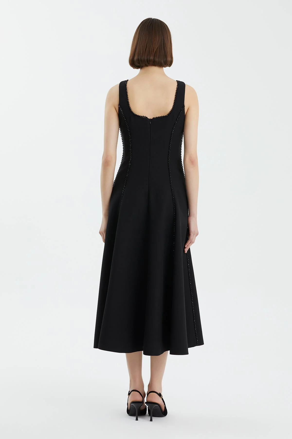 Black Embroidered Trim Flared Dress - Image 4