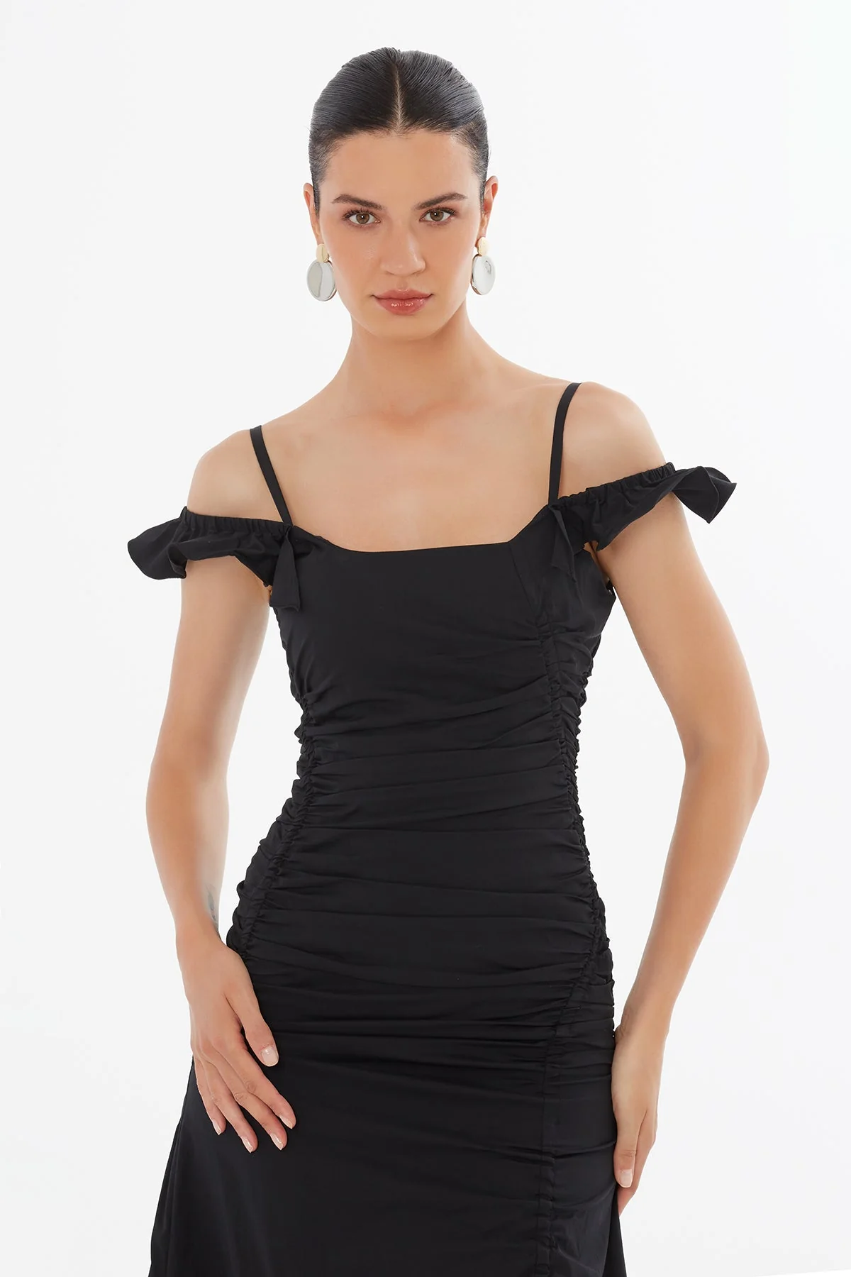Black Gathered Strap Dress - Image 2