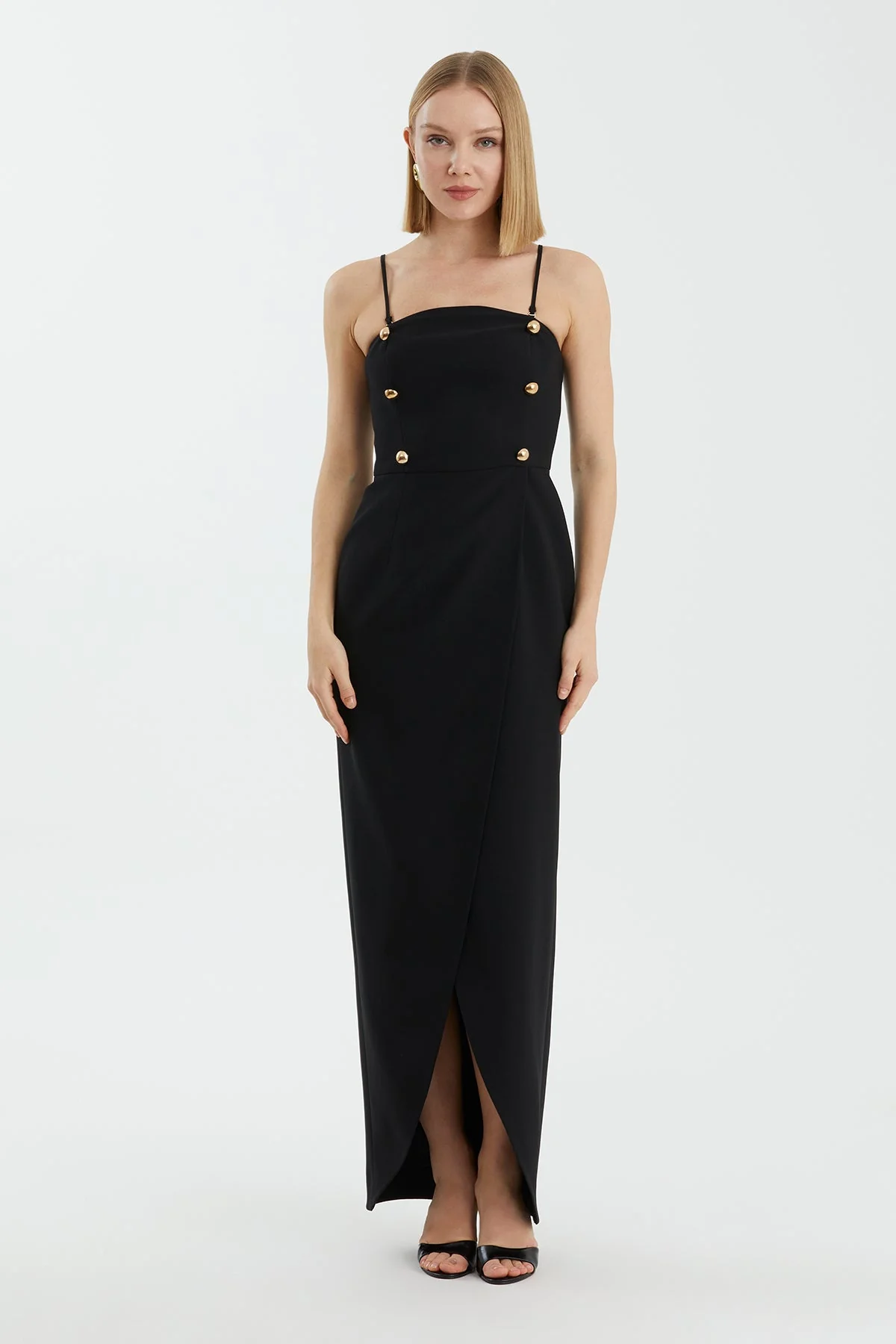 Black Gold Button Strap Long Dress