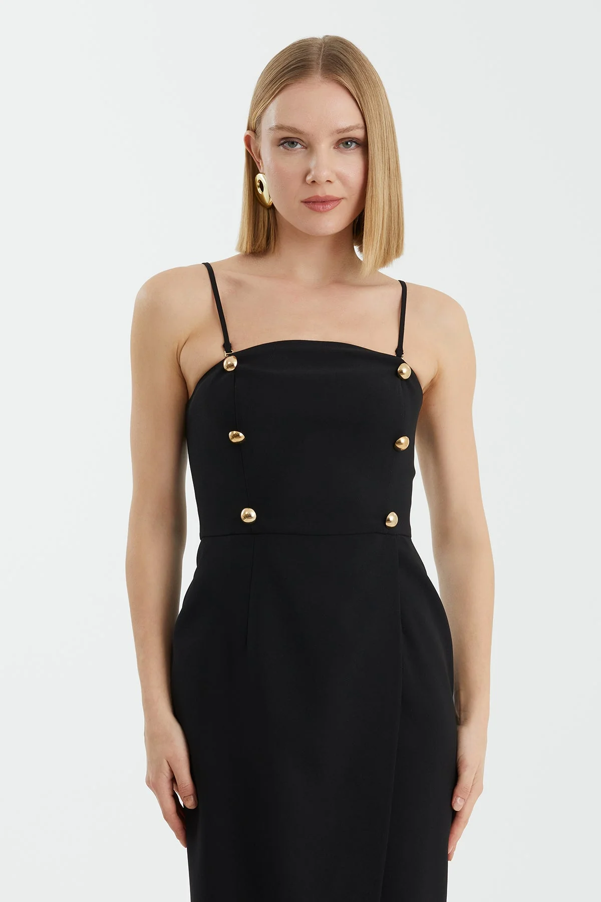 Black Gold Button Strap Long Dress - Image 2