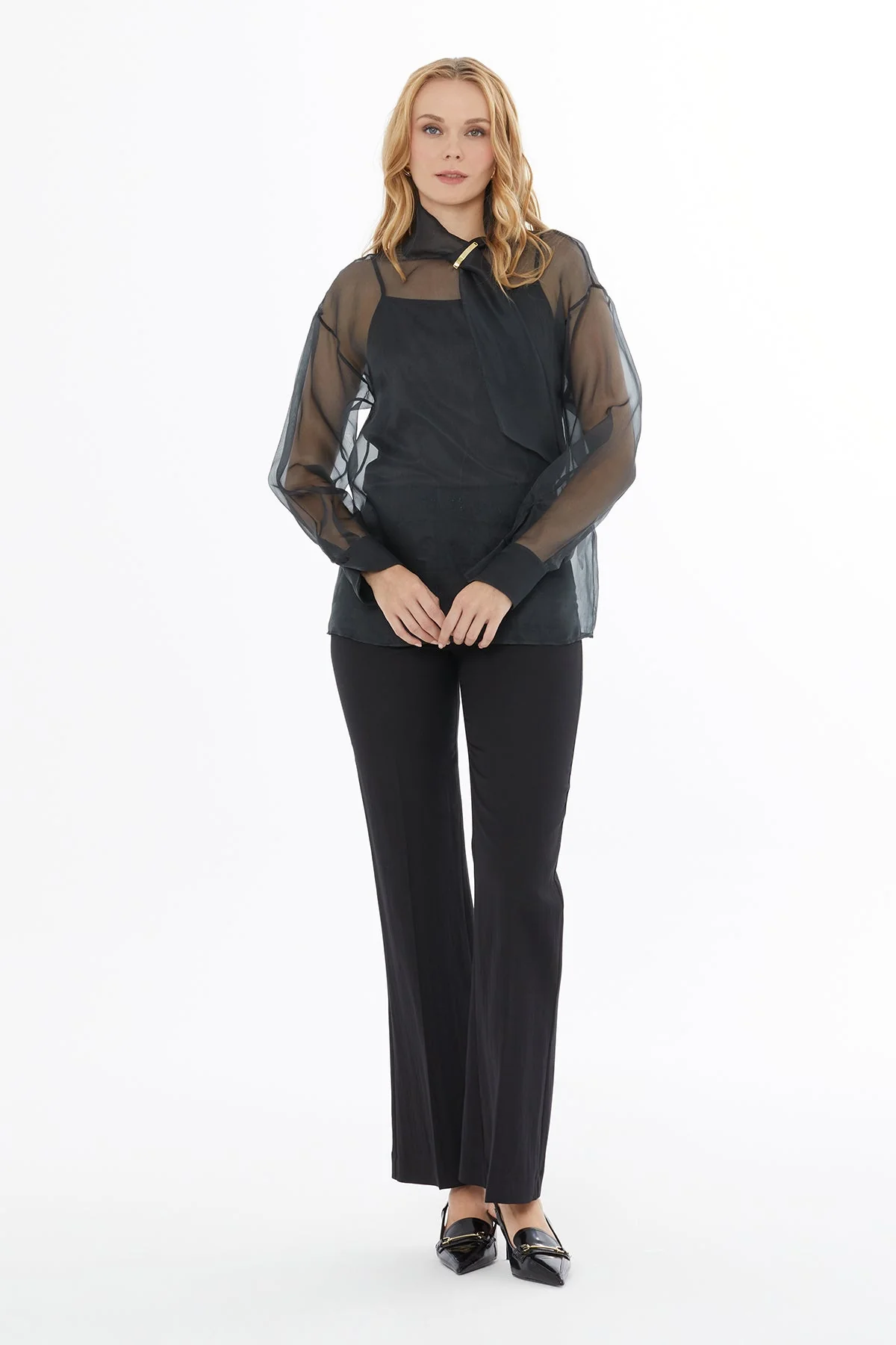 Black High-Neck Transparent Blouse