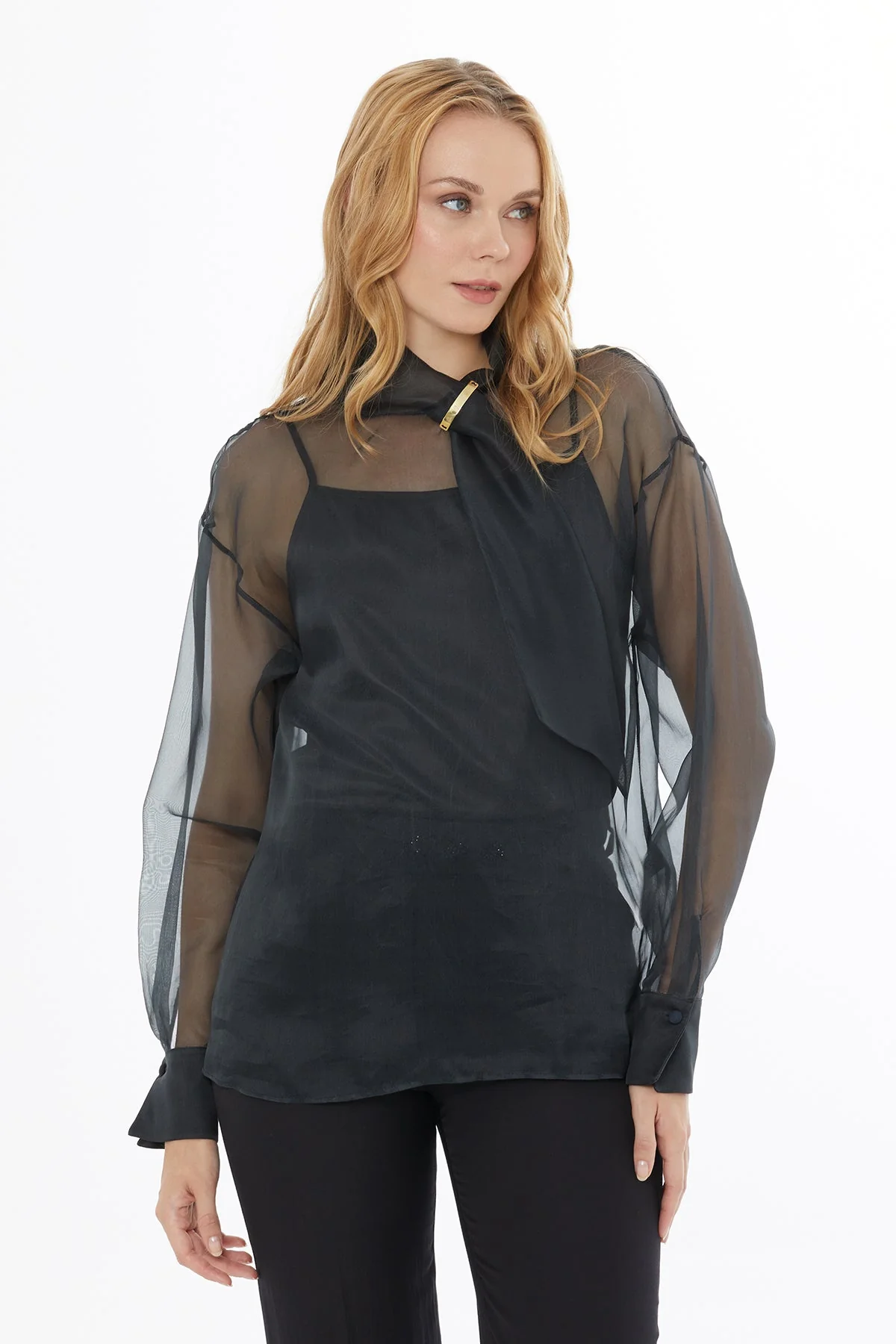 Black High-Neck Transparent Blouse - Image 2