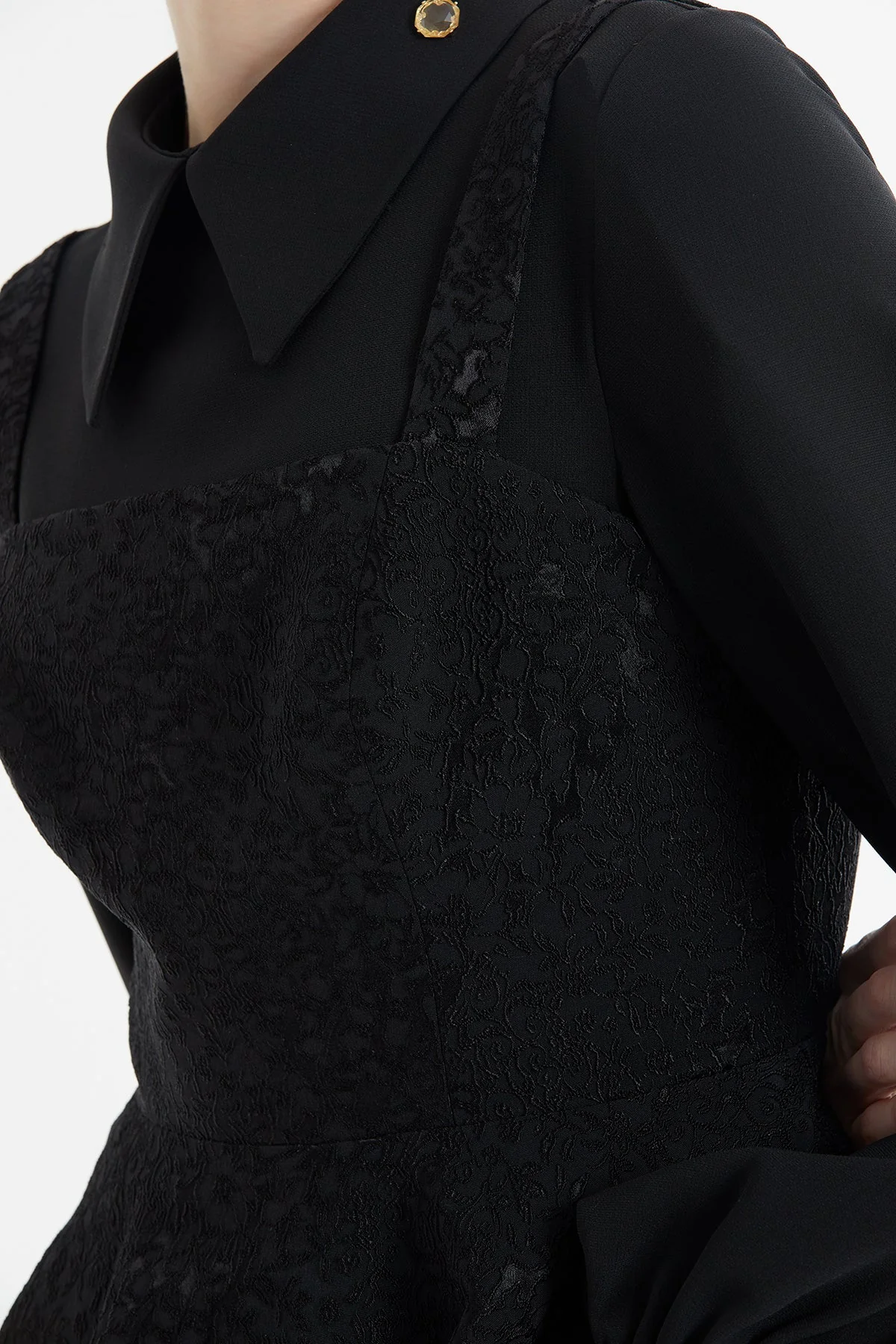 Black Lace-Detail Peplum Long Dress - Image 3