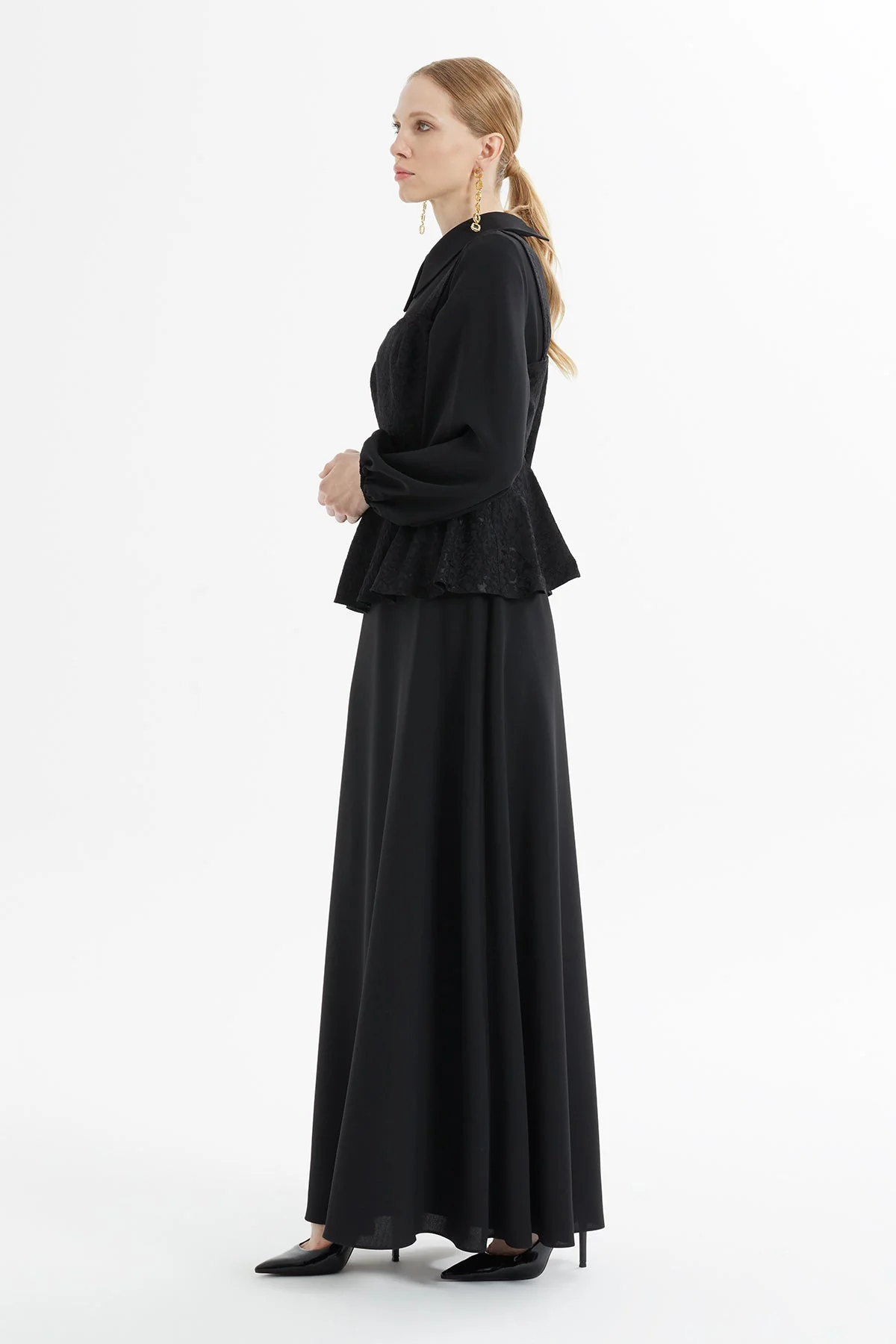 Black Lace-Detail Peplum Long Dress - Image 4