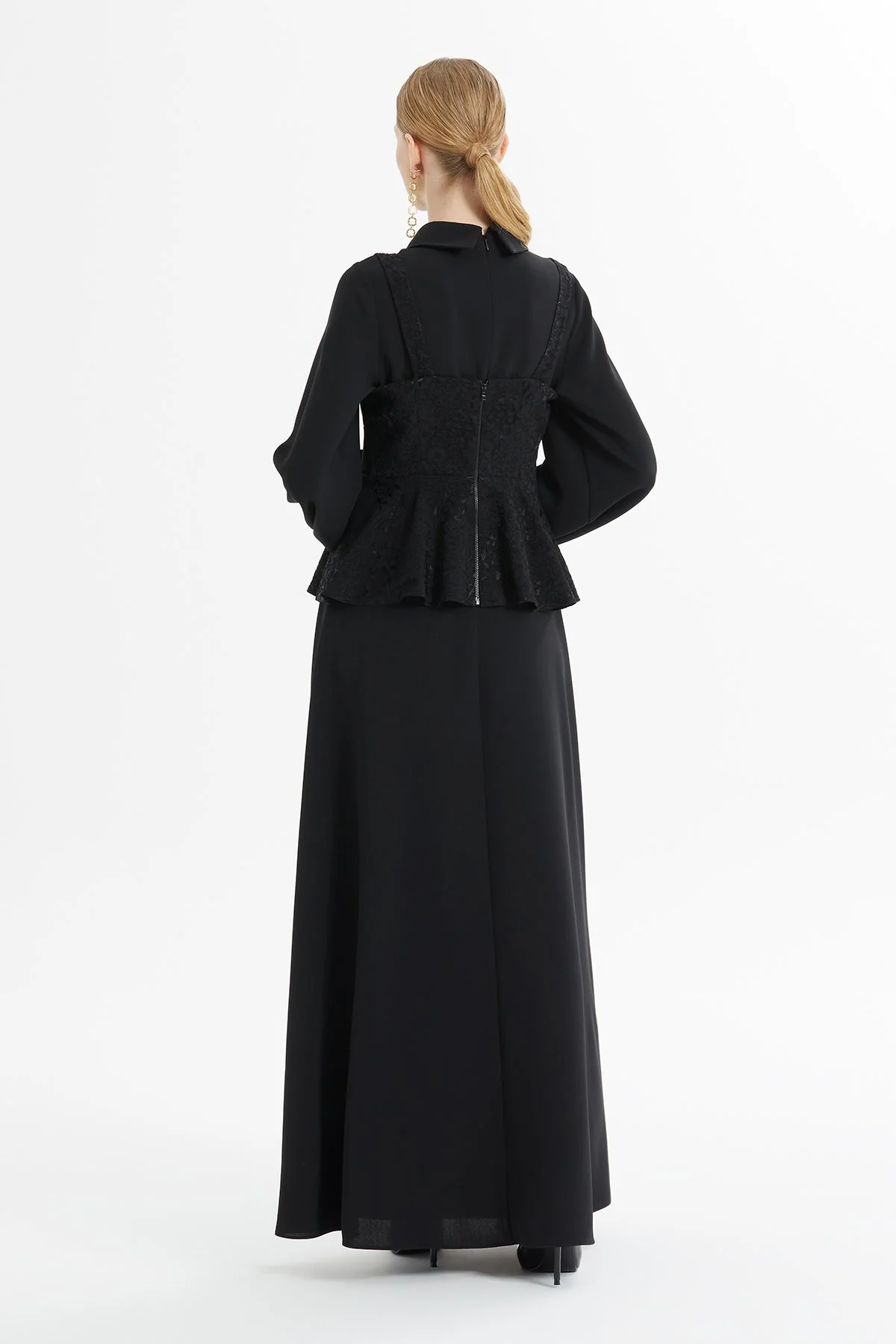 Black Lace-Detail Peplum Long Dress - Image 5
