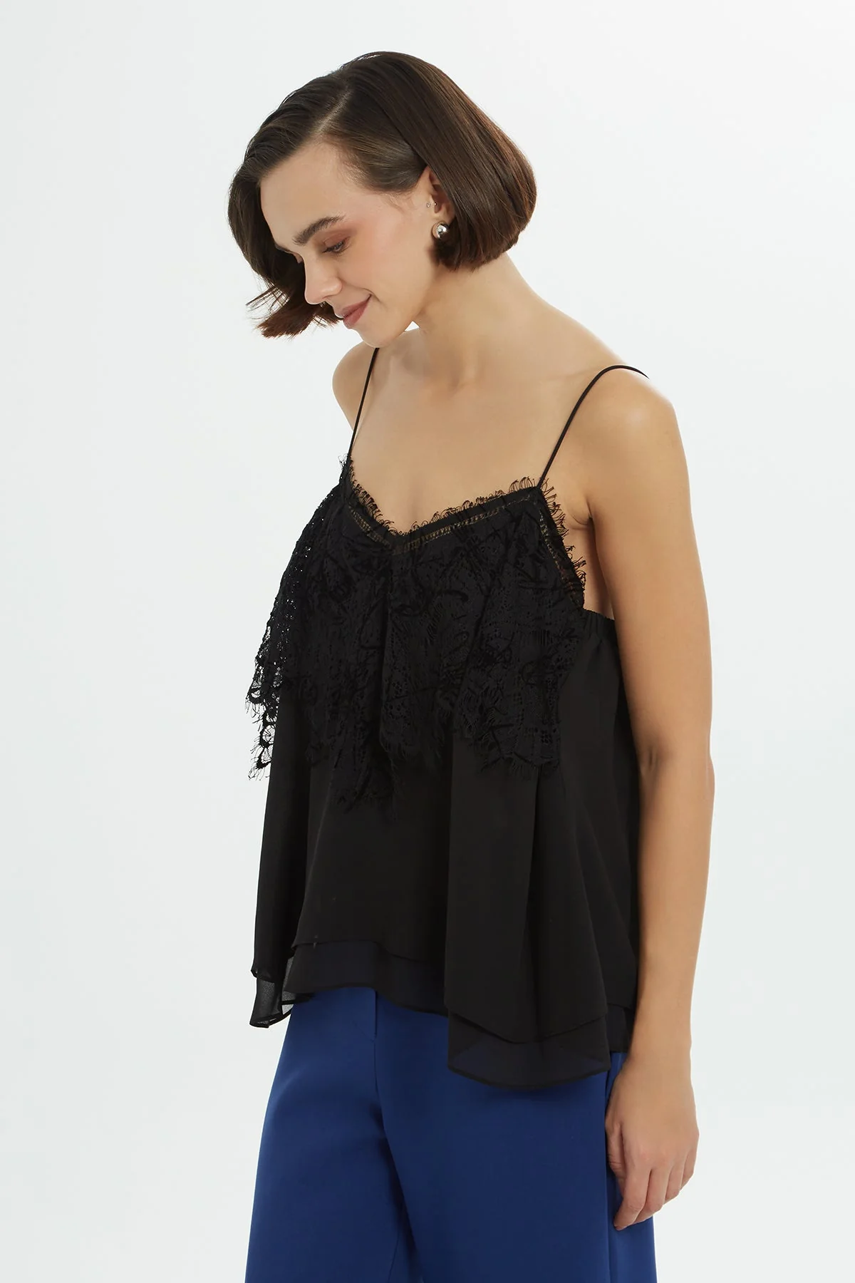 Black Lace-Front Strappy Blouse - Image 3