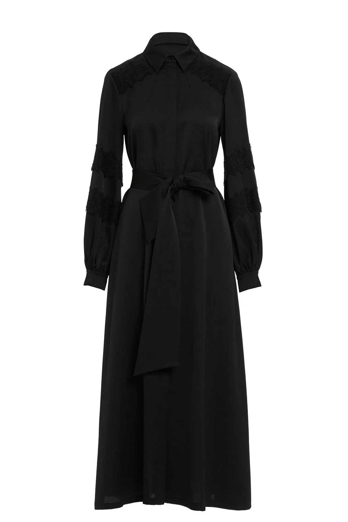 Black Lace Sash-Detail Midi Dress