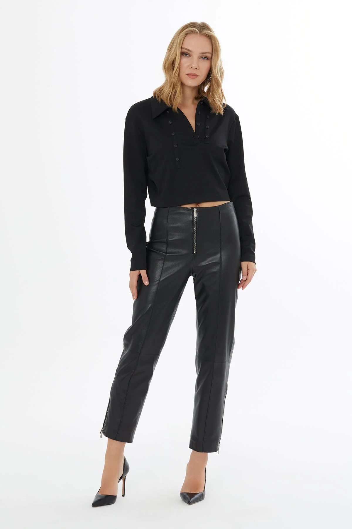 Black Leather Trousers with Zip Cuffs
