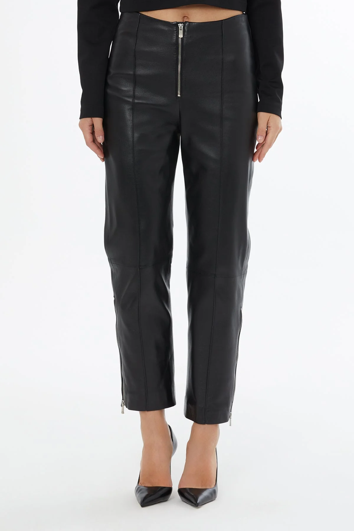 Black Leather Trousers with Zip Cuffs - Image 2