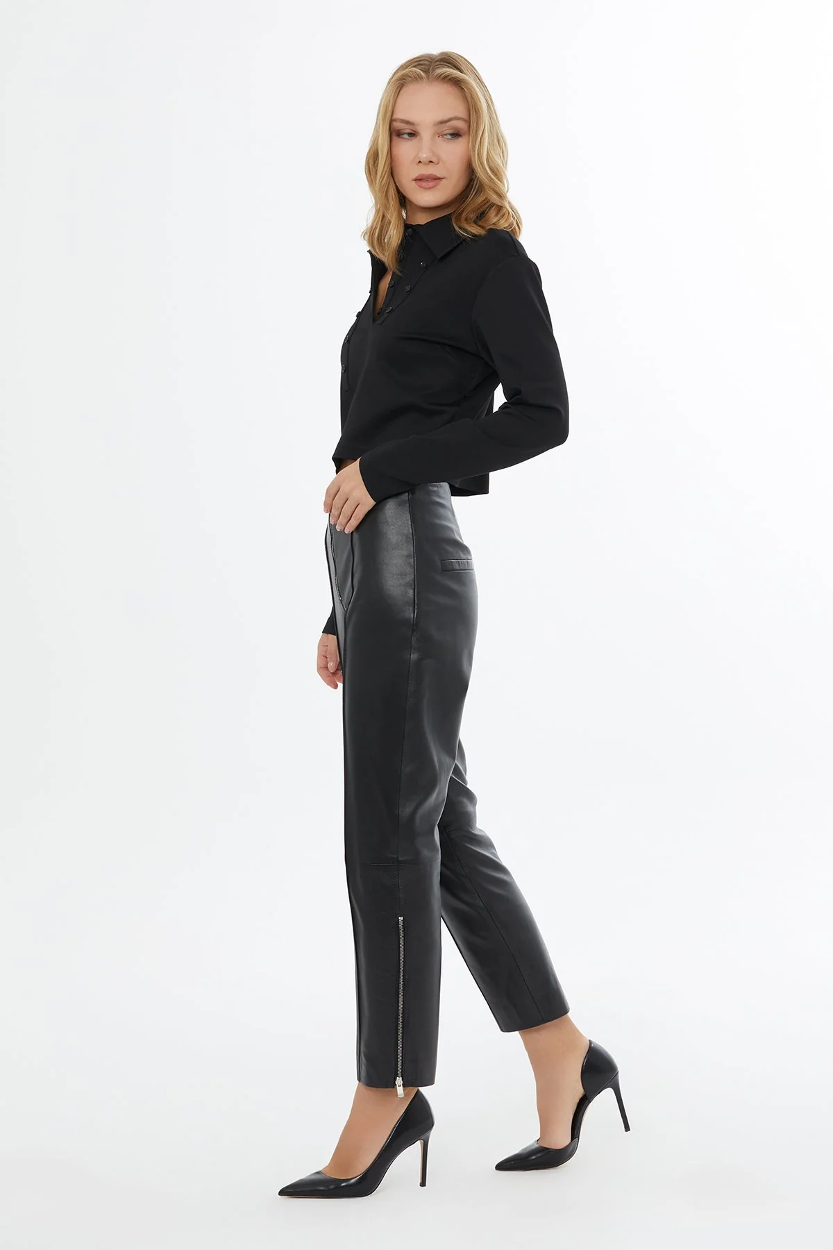 Black Leather Trousers with Zip Cuffs - Image 4