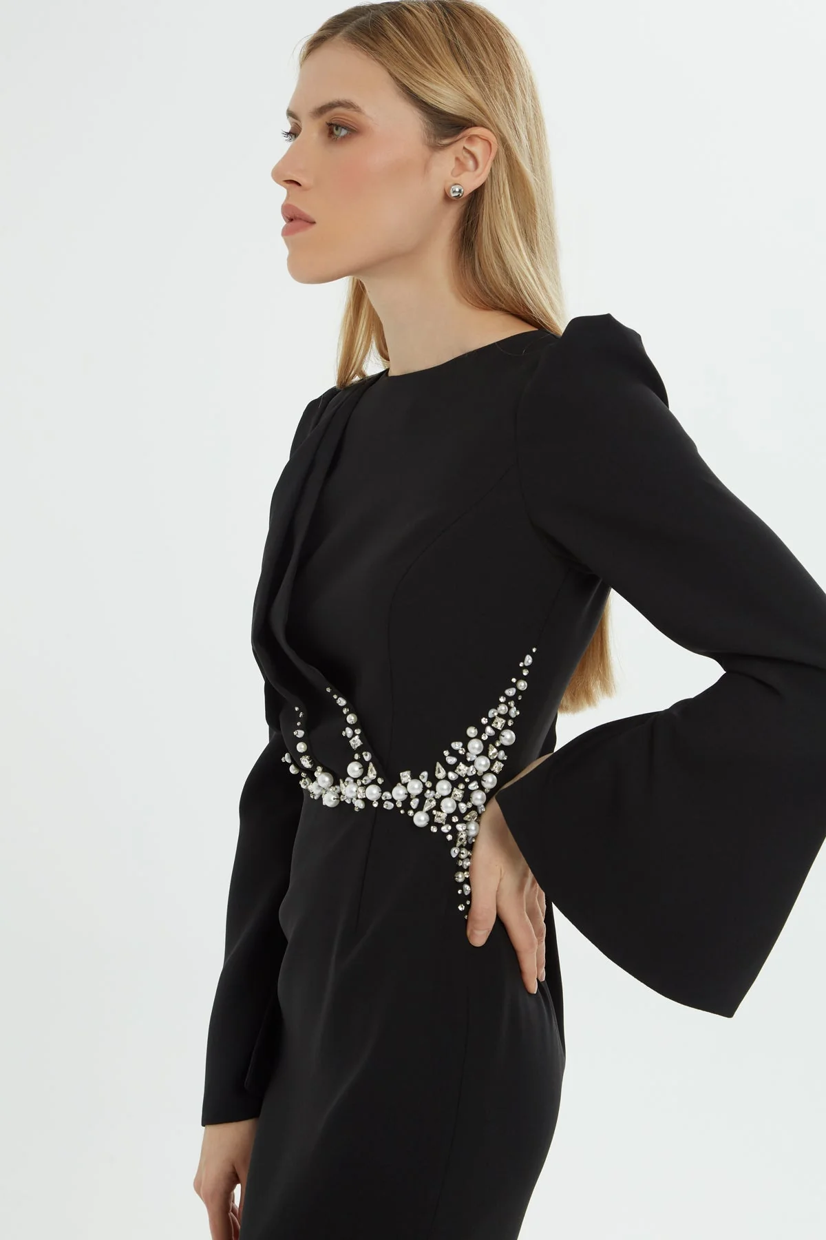 Black Long Dress with Embroidery Detail - Image 2
