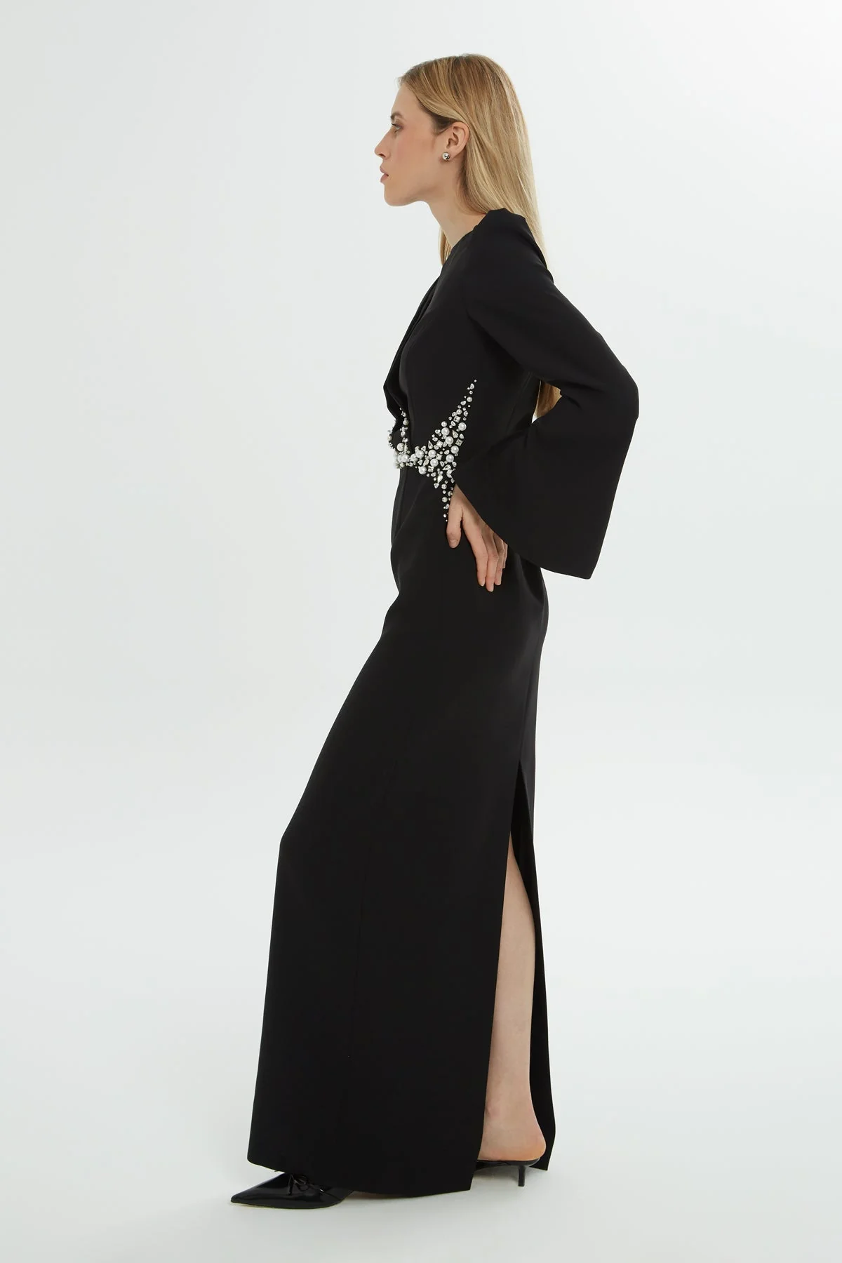 Black Long Dress with Embroidery Detail - Image 3