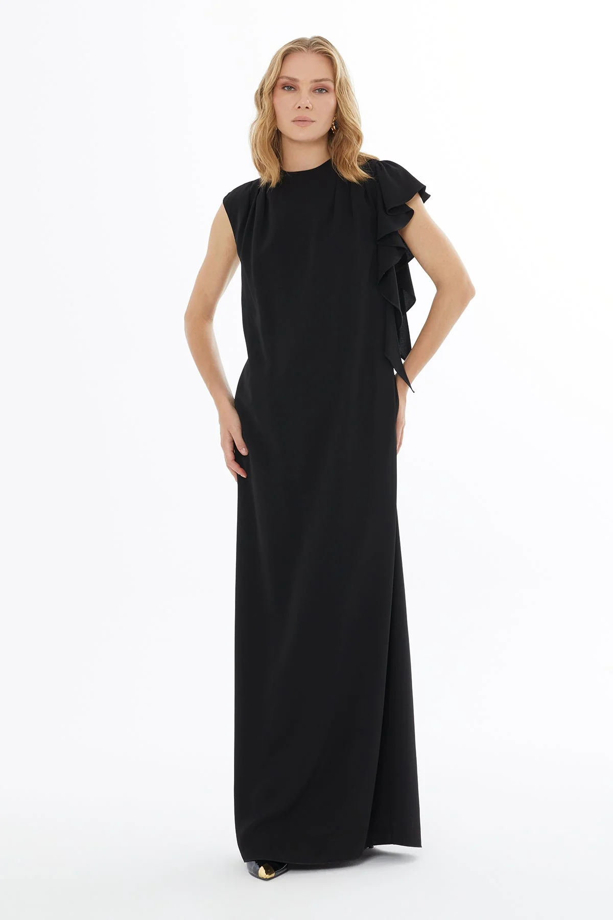 Black Long Dress with Ruffle Detaily0 - Image 3
