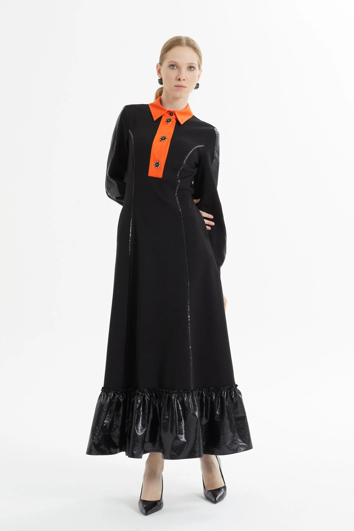 Black Maxi Dress with Orange Collar - Image 2
