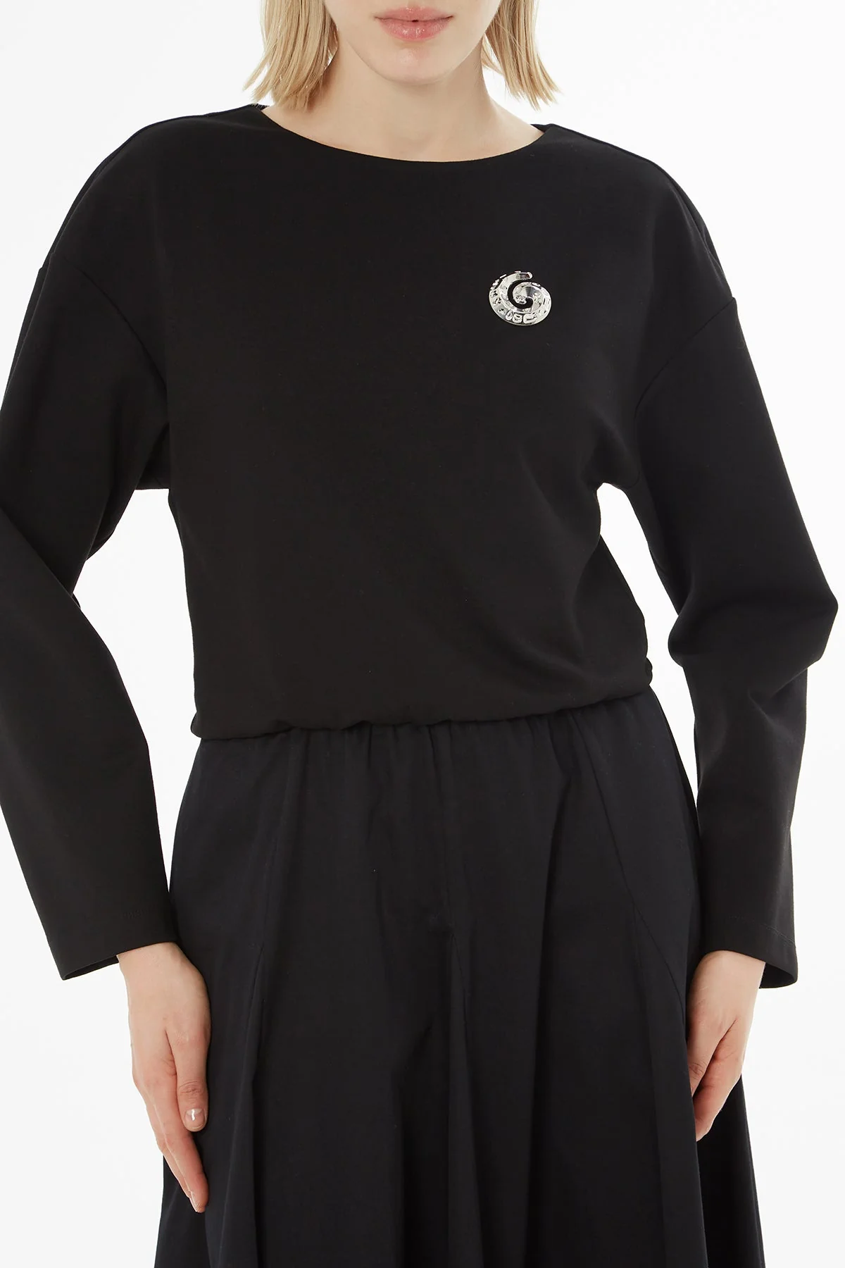 Black Midi Dress with Elastic Waist - Image 3