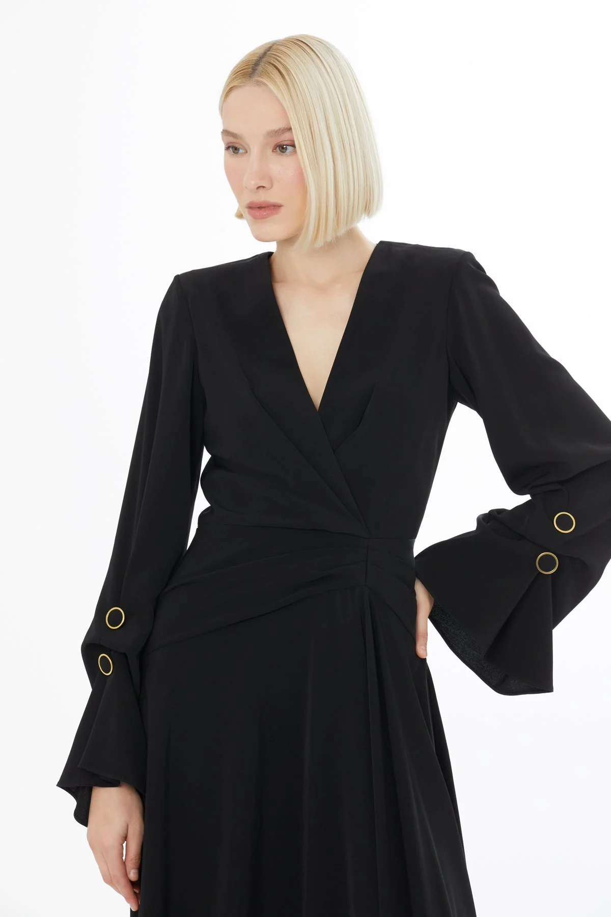 Black Midi Dress with Flared Sleeves - Image 2