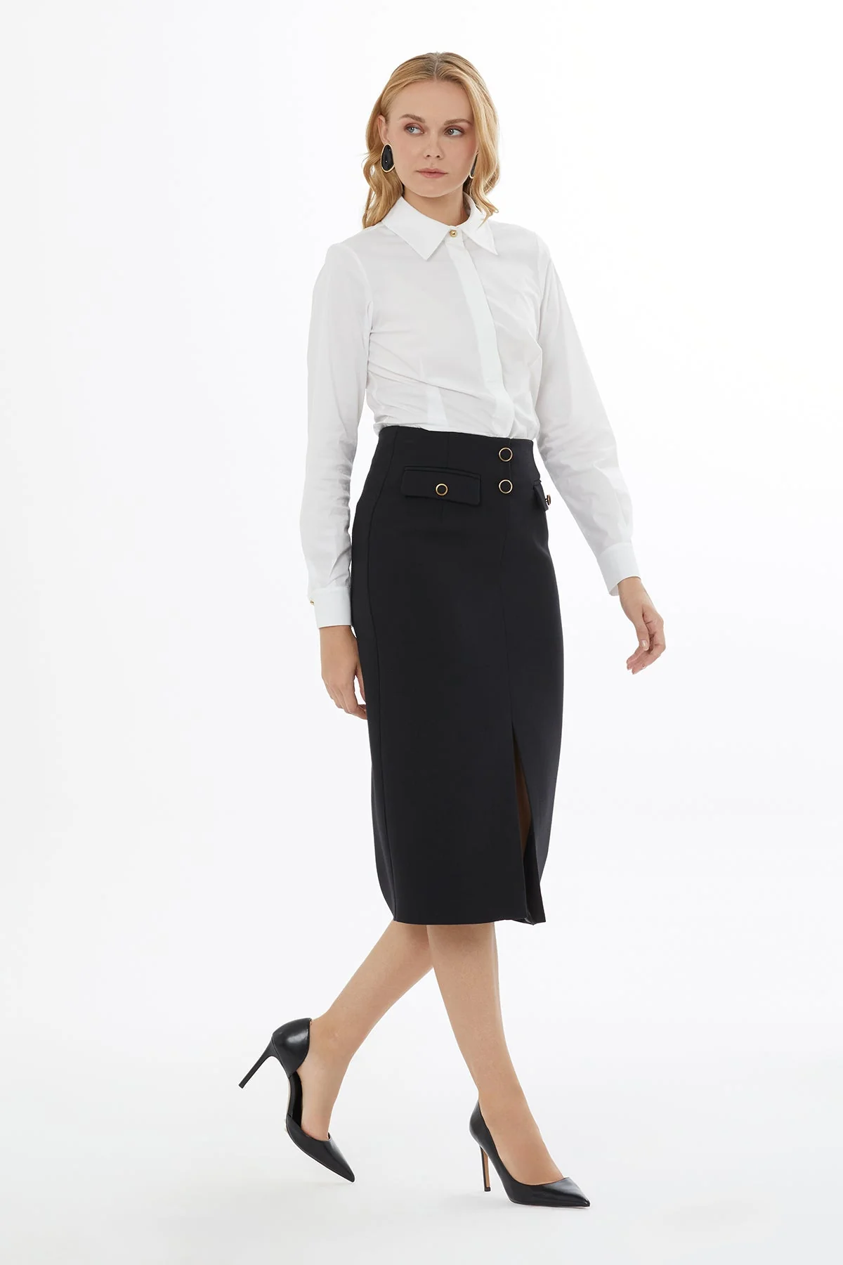 Black Midi Skirt with Buttons - Image 3