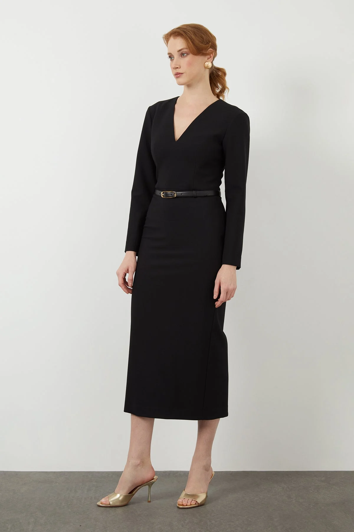Black Midi V-Neck Dress - Image 2