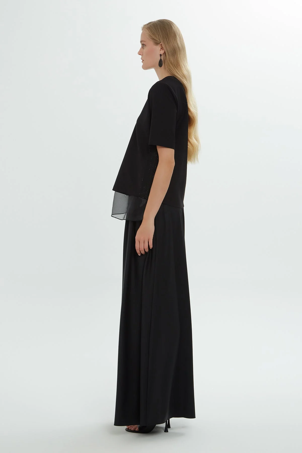 Black Organza Panel V-Neck Blouse - Image 2