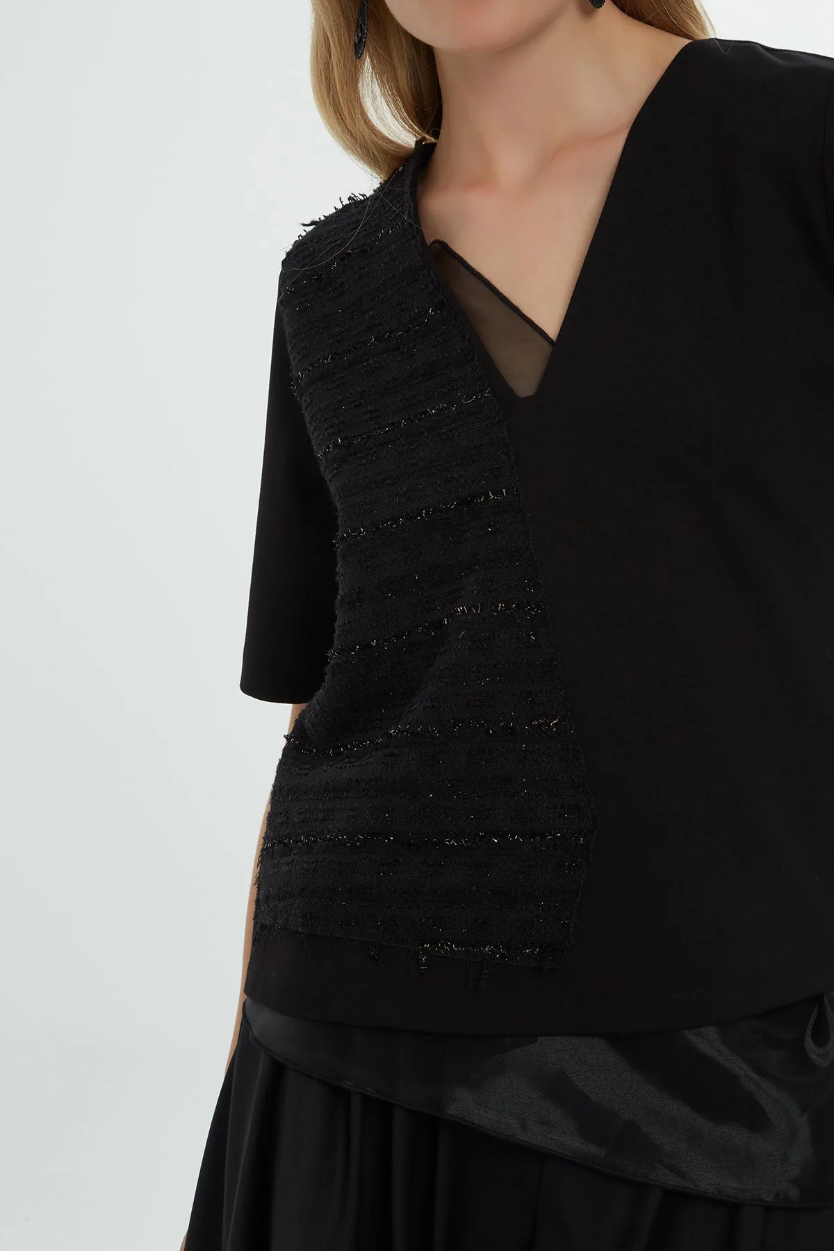 Black Organza Panel V-Neck Blouse - Image 3